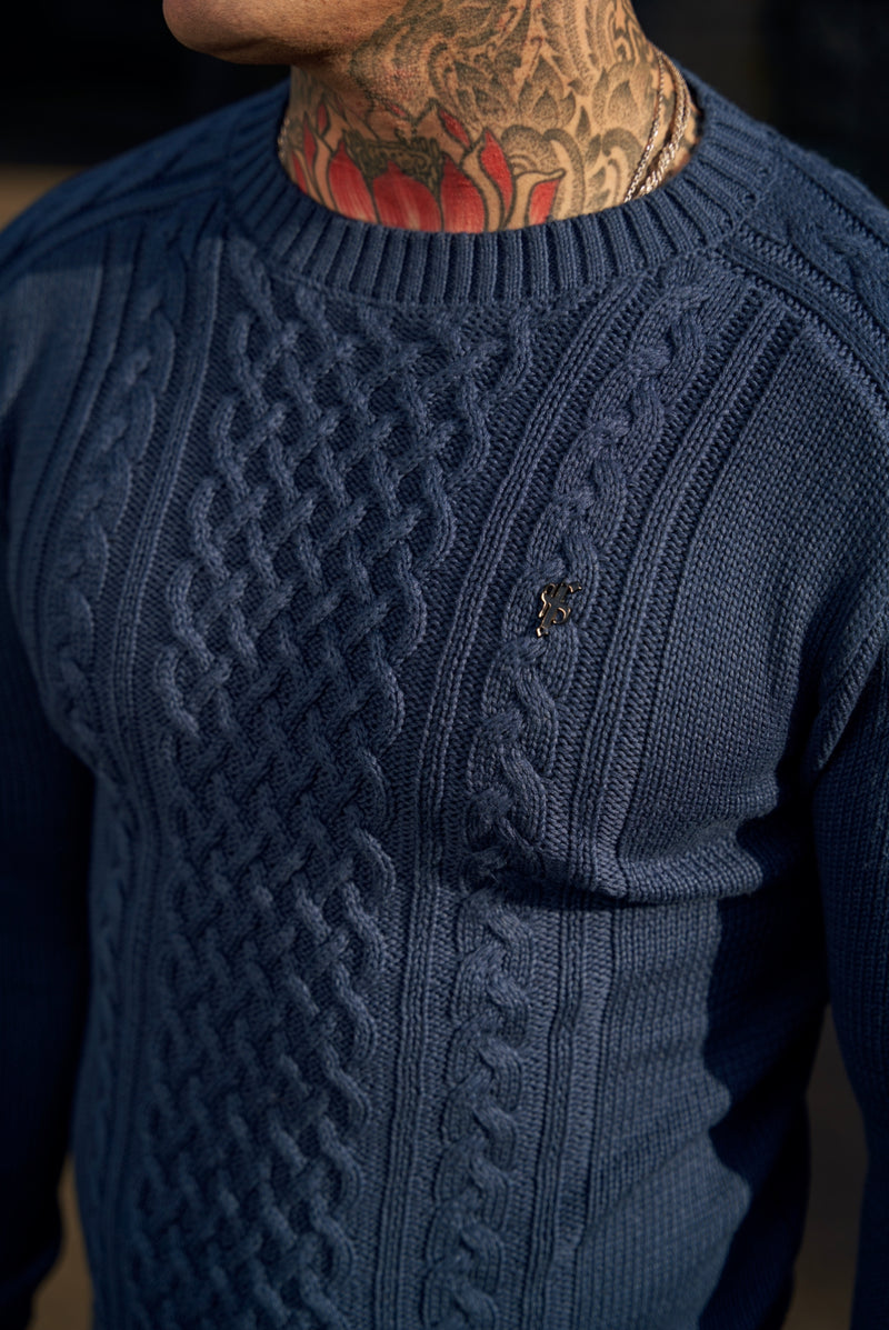Father Sons Navy Knitted Cable Saddle Crew Super Slim Jumper With Metal Decal - FSN074