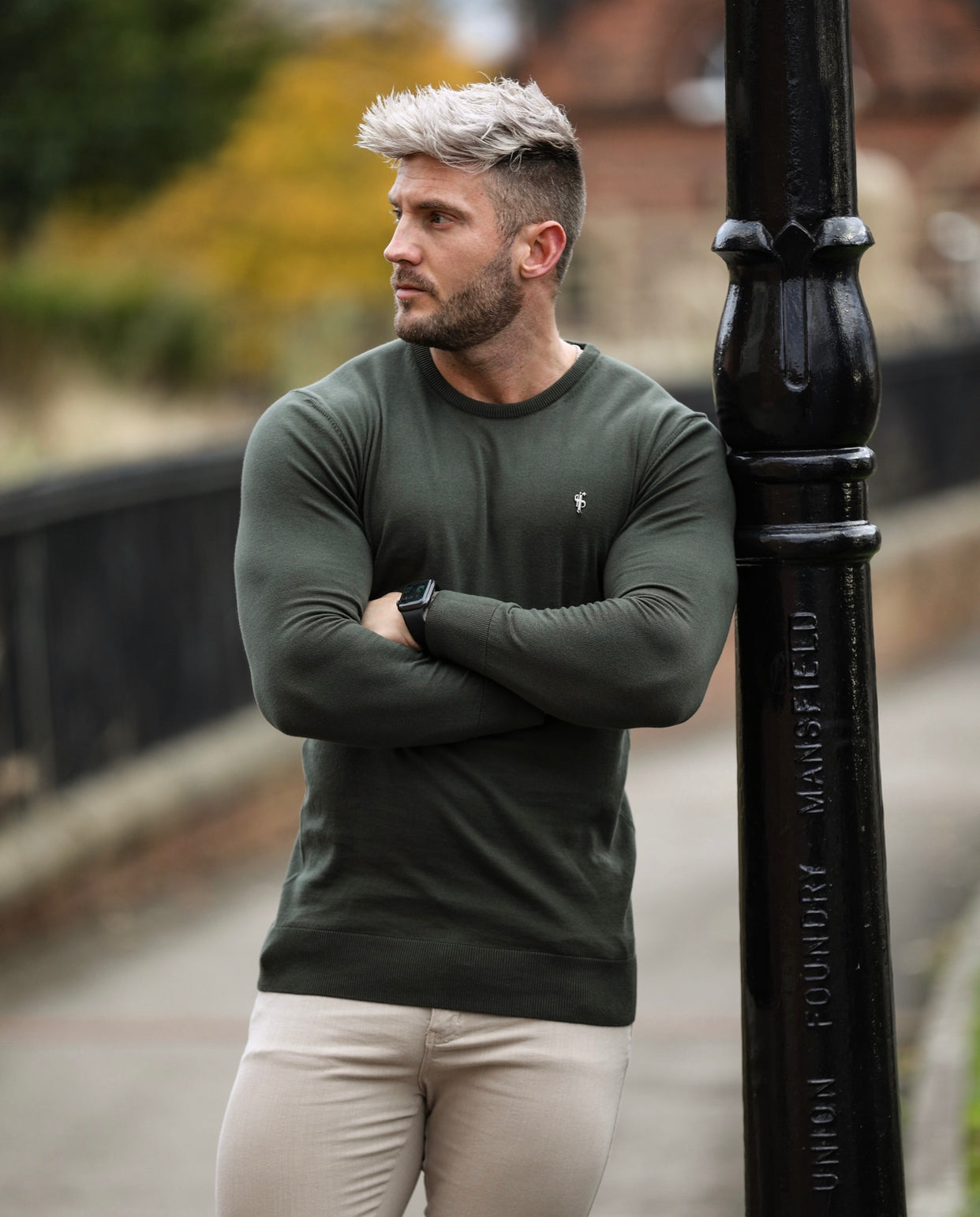 Classic Khaki Crew Neck Knitted Jumper with Gunmetal Emblem - FSH671