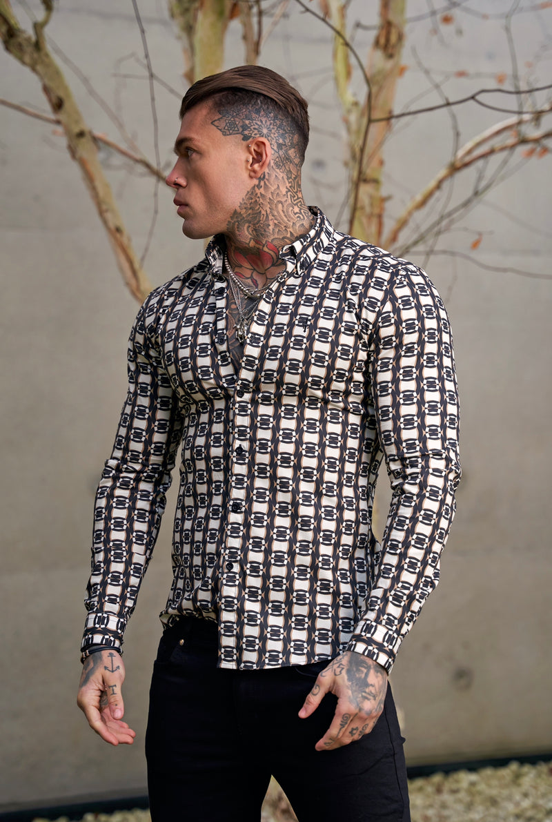 Father Sons Super Slim Stretch Black / Cream / Taupe Link Print Long Sleeve with Button Down Collar - FS848