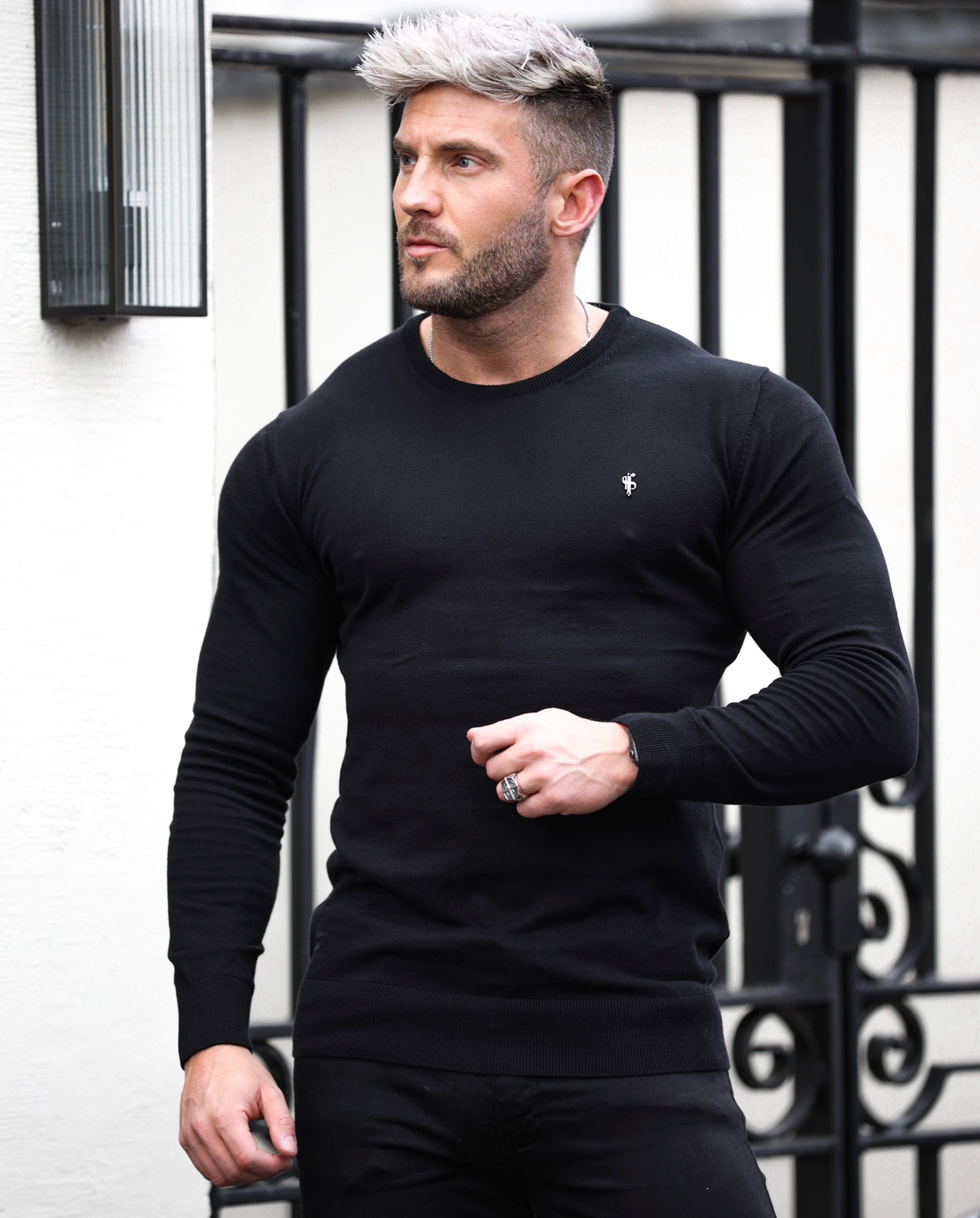 Classic Black Crew Neck Knitted Jumper with Gunmetal Emblem - FSH668