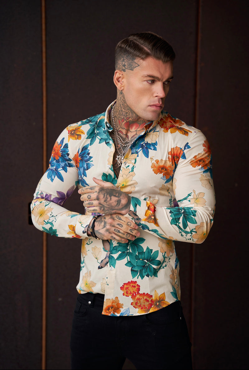Father Sons Super Slim Stretch Ecru with Vibrant Floral Print Long Sleeve with Button Down Collar - FS858