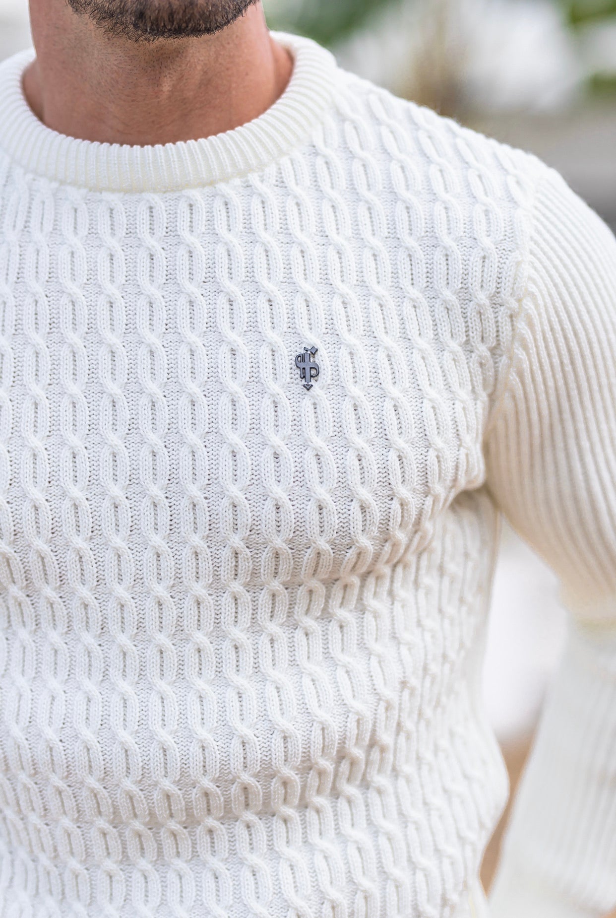 Cream Knitted Braided Super Slim Jumper With Metal Decal - FSJ028