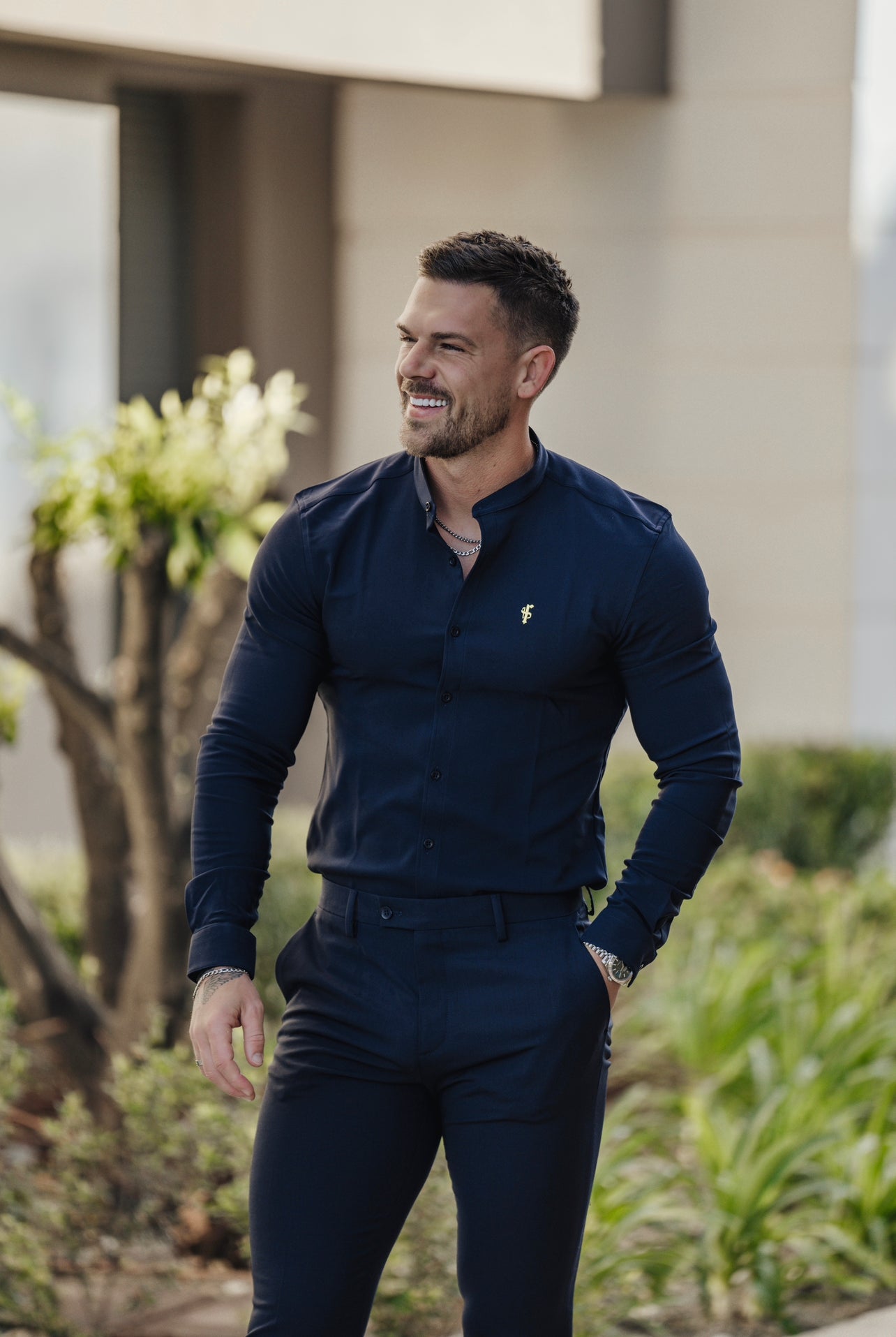 Super Slim Scuba Navy Long Sleeve Stretch With Grandad Collar - FS934