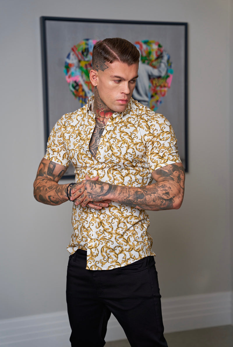 Father Sons Super Slim Stretch White / Gold Scroll Print Short Sleeve with Button Down Collar - FS823