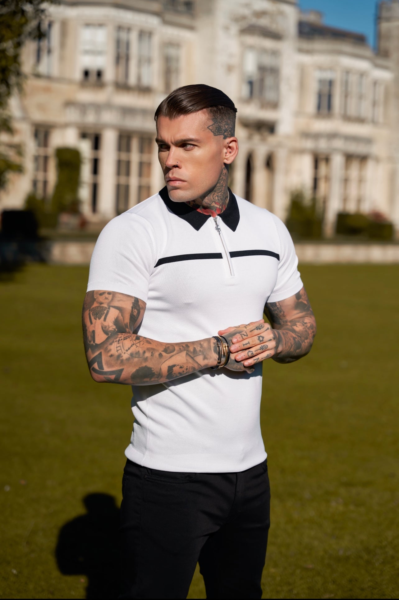 Classic White / Black Horizontal Stripe Zipped Polo Short Sleeve - FSN043