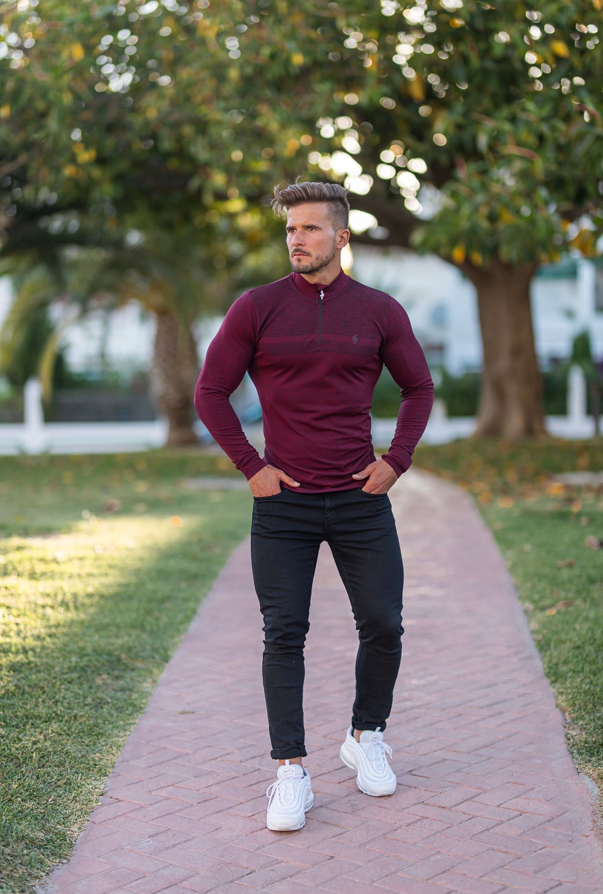 Long sleeve Burgundy / Black half zip gym top - FSM030