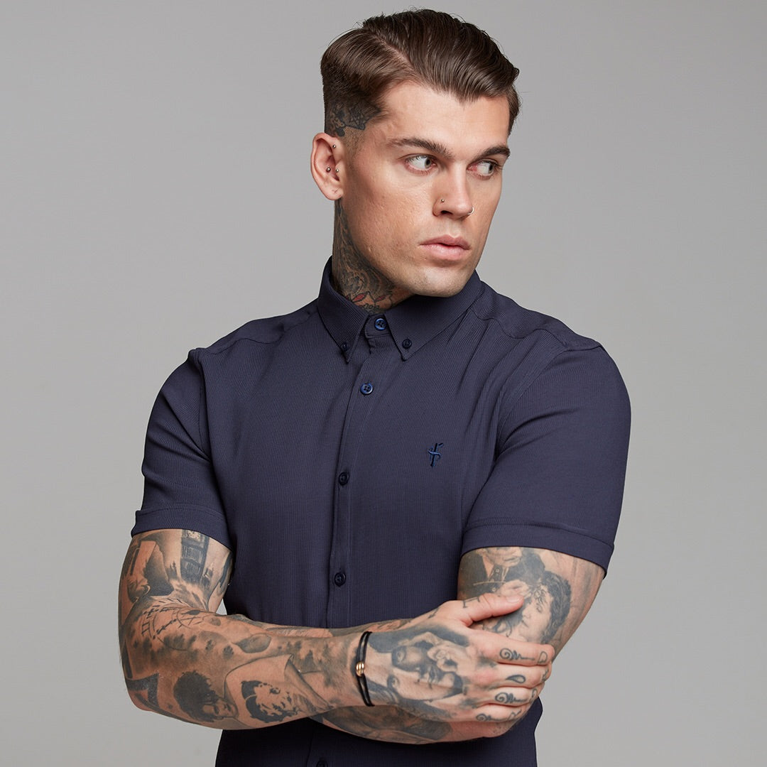 Super Slim Stretch Ribbed Navy Short Sleeve - FS442