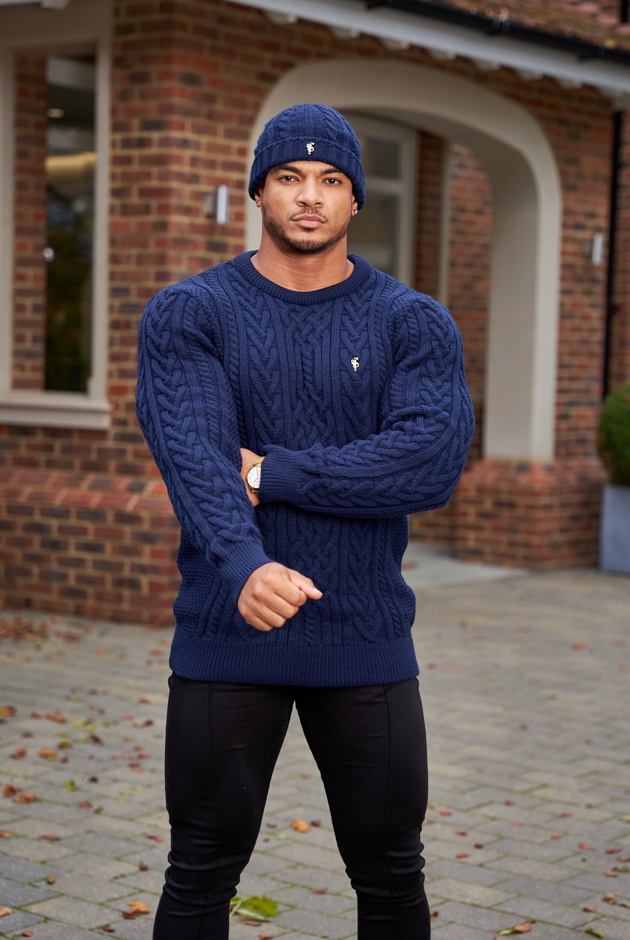 Navy Twisted Braid Weave Super Slim Jumper With Gold Decal - FSJ036