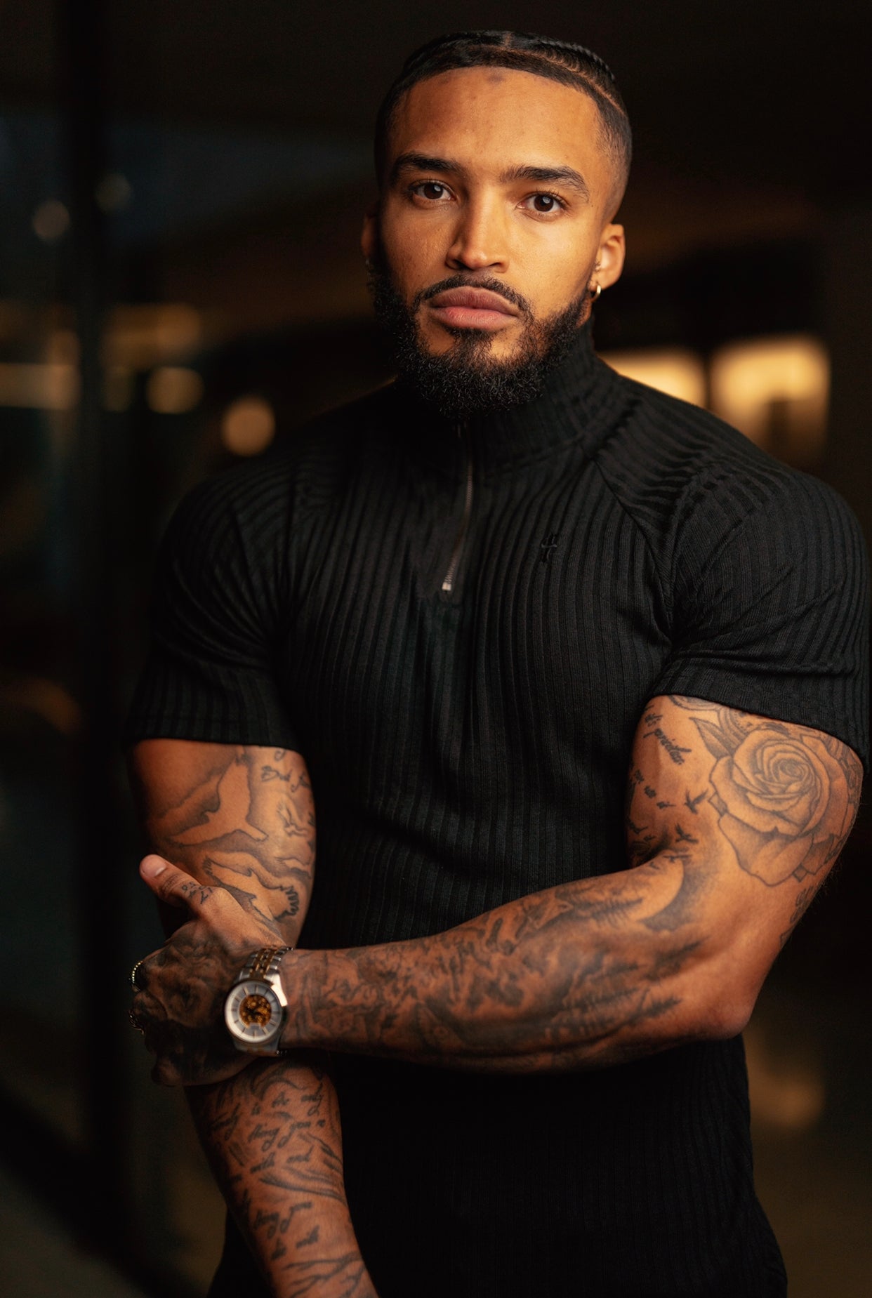 Classic Black Ribbed Zip Funnel Neck Raglan Short Sleeve Crew - FSH729