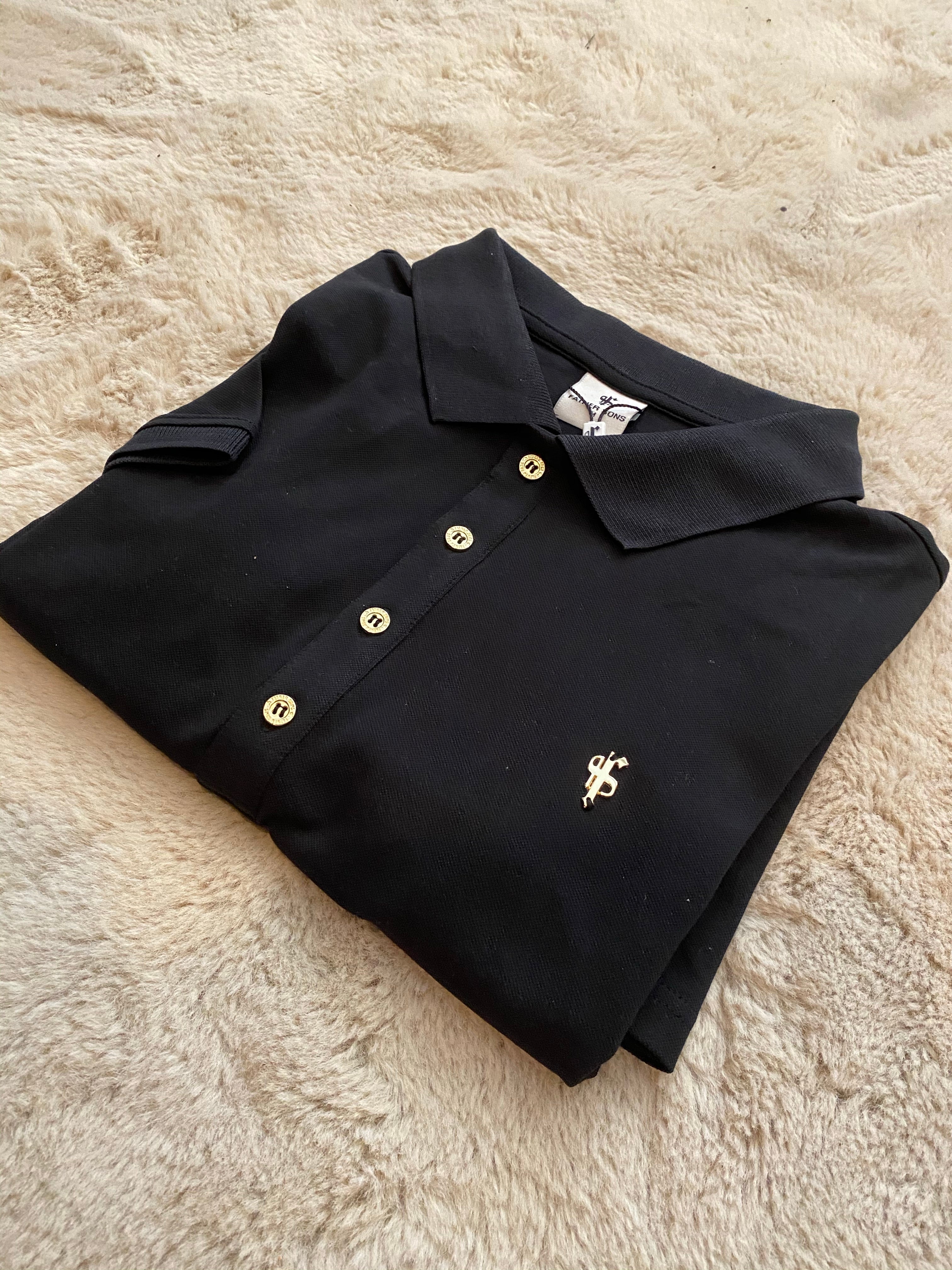 Classic Black Polo Shirt with Silver Metal Emblem Decal & Buttons - FSH459