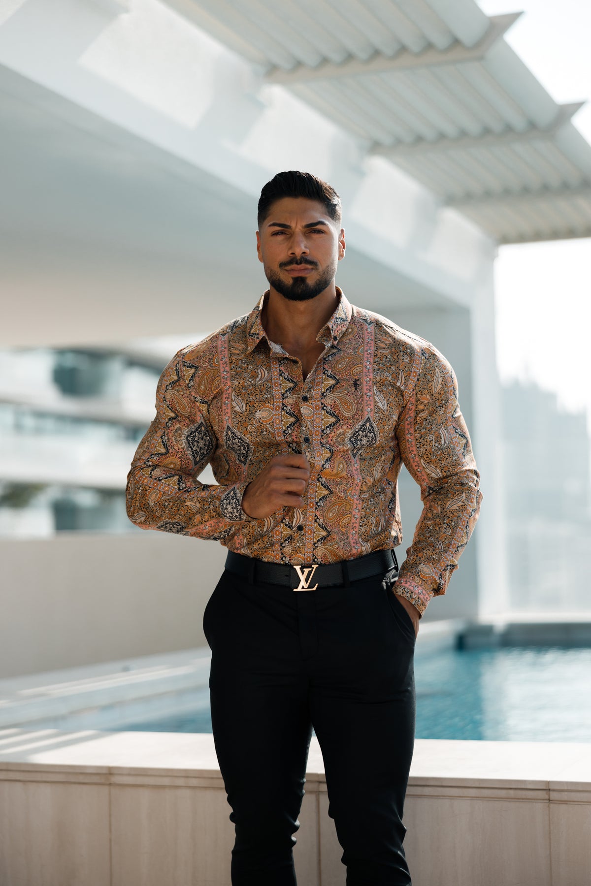 Super Slim Stretch Tan Paisley Print Long Sleeve with Button Down Coll