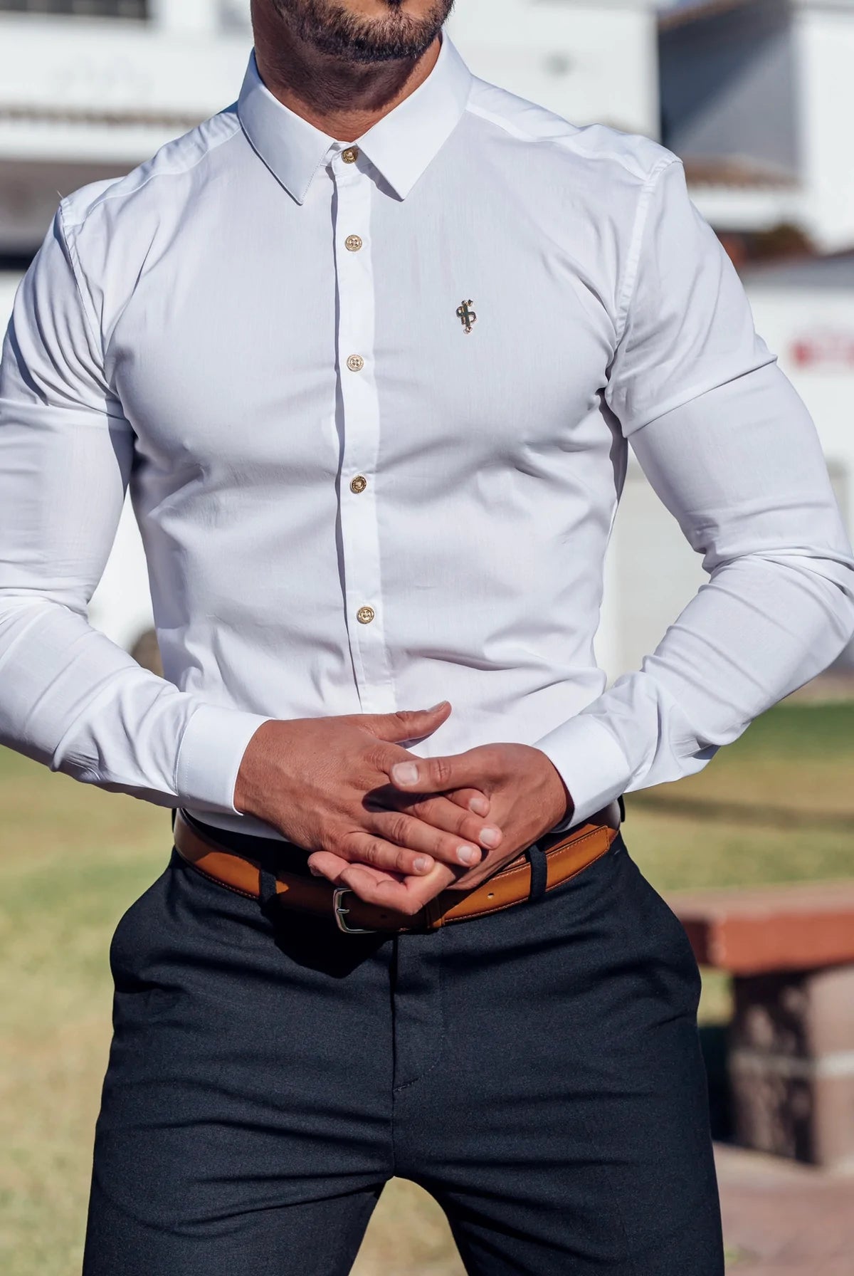 Super Slim Stretch White Denim Long Sleeve with Gold Metal Decal and Buttons - FS893