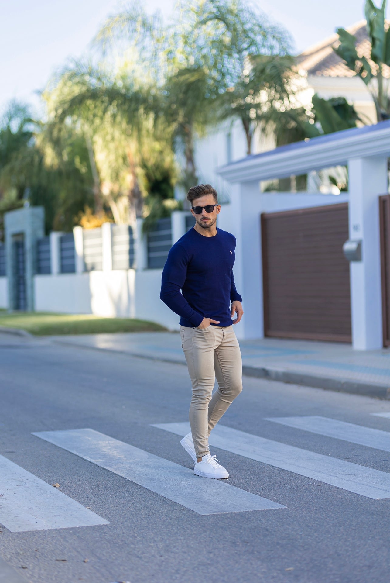 Classic Navy Crew Neck Knitted Jumper with Yellow Embroidery - FSN089