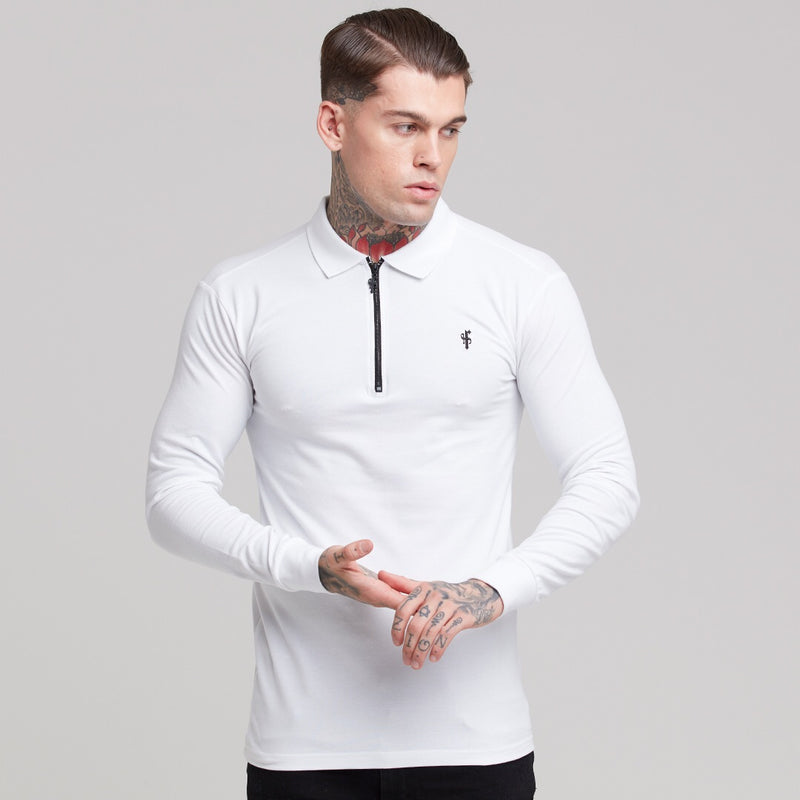Father Sons Classic White Zipped Long Sleeve Polo Shirt - FSH300