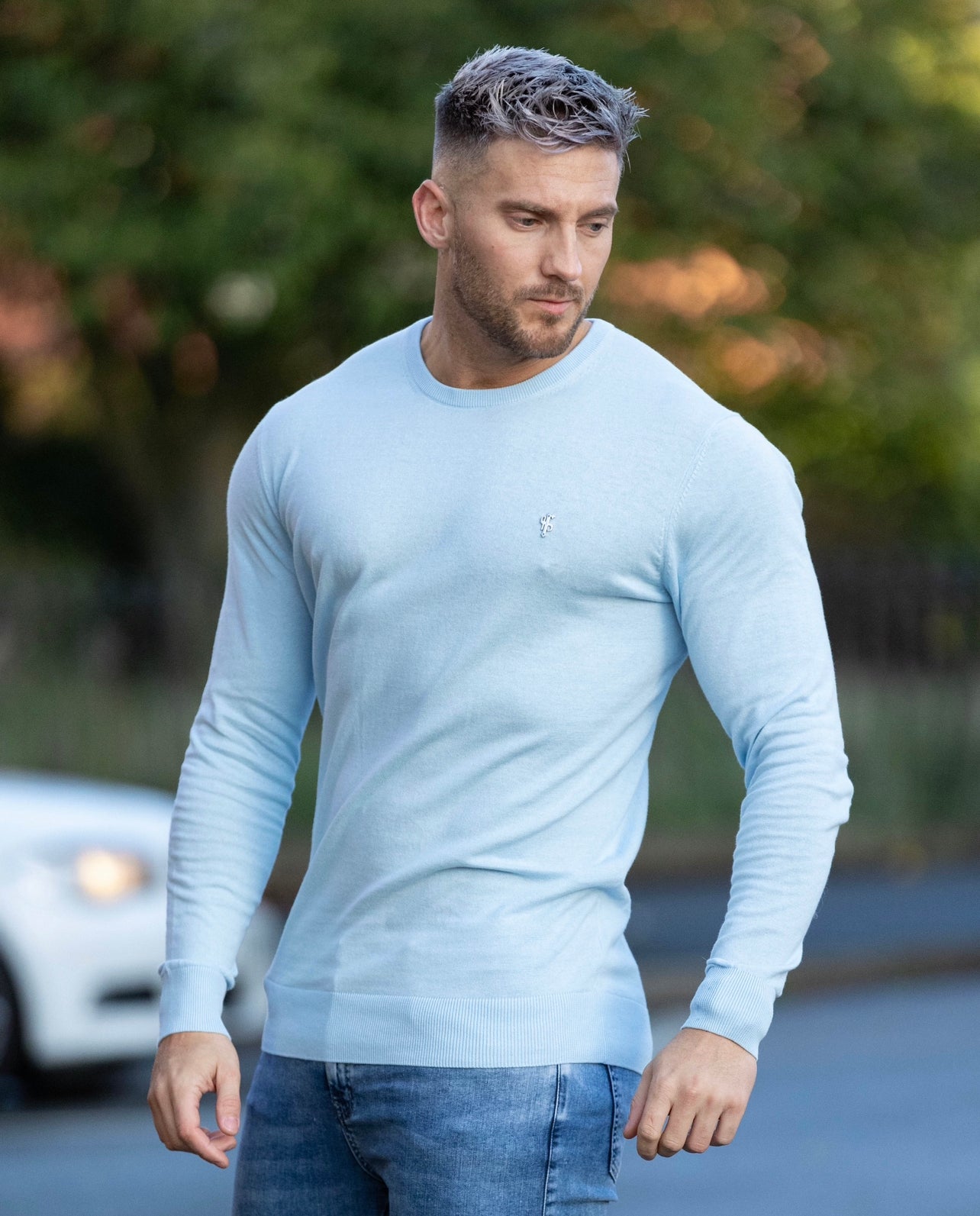 Classic Sky Blue Light Weight Knitted Crew Neck with Metal Decal - FSN092