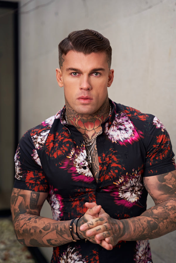 Father Sons Super Slim Stretch Black with Red / Pink Blurred Flower Print Short Sleeve with Button Down Collar - FS845