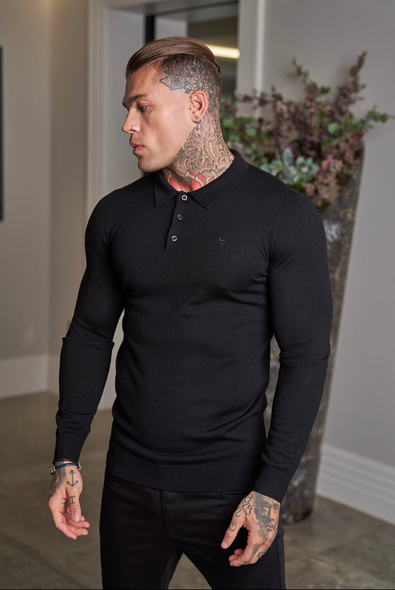 Father Sons Classic Black Merino Wool Knitted Polo Jumper Long Sleeve With FS Embroidery- FSN014