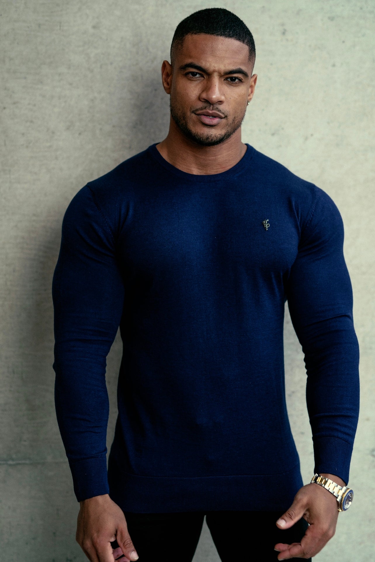 Classic Navy Crew Neck Knitted Jumper with Metal Decal - FSN088
