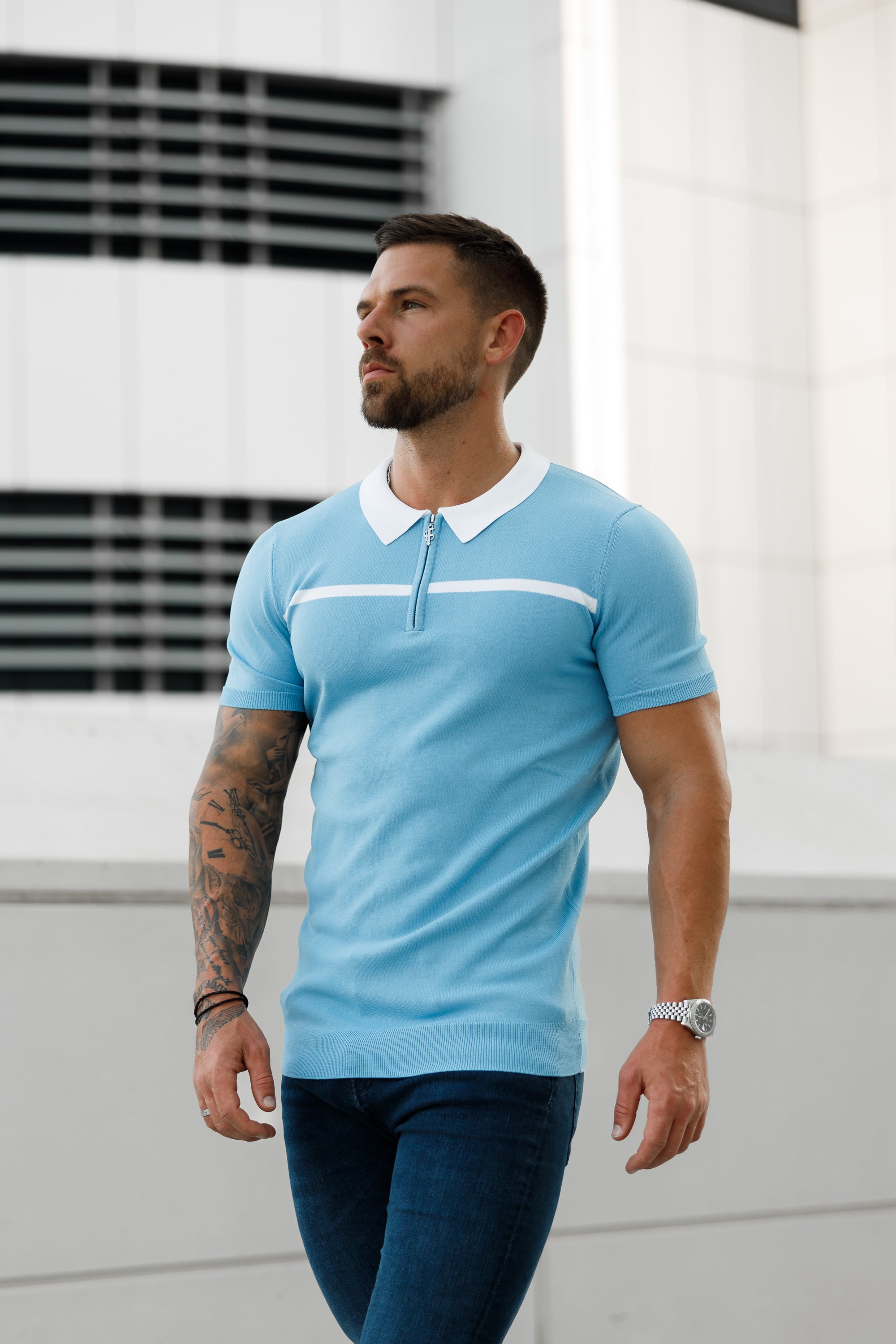 Classic Sky Blue / White Horizontal Stripe Zipped Polo Short Sleeve - FSN058
