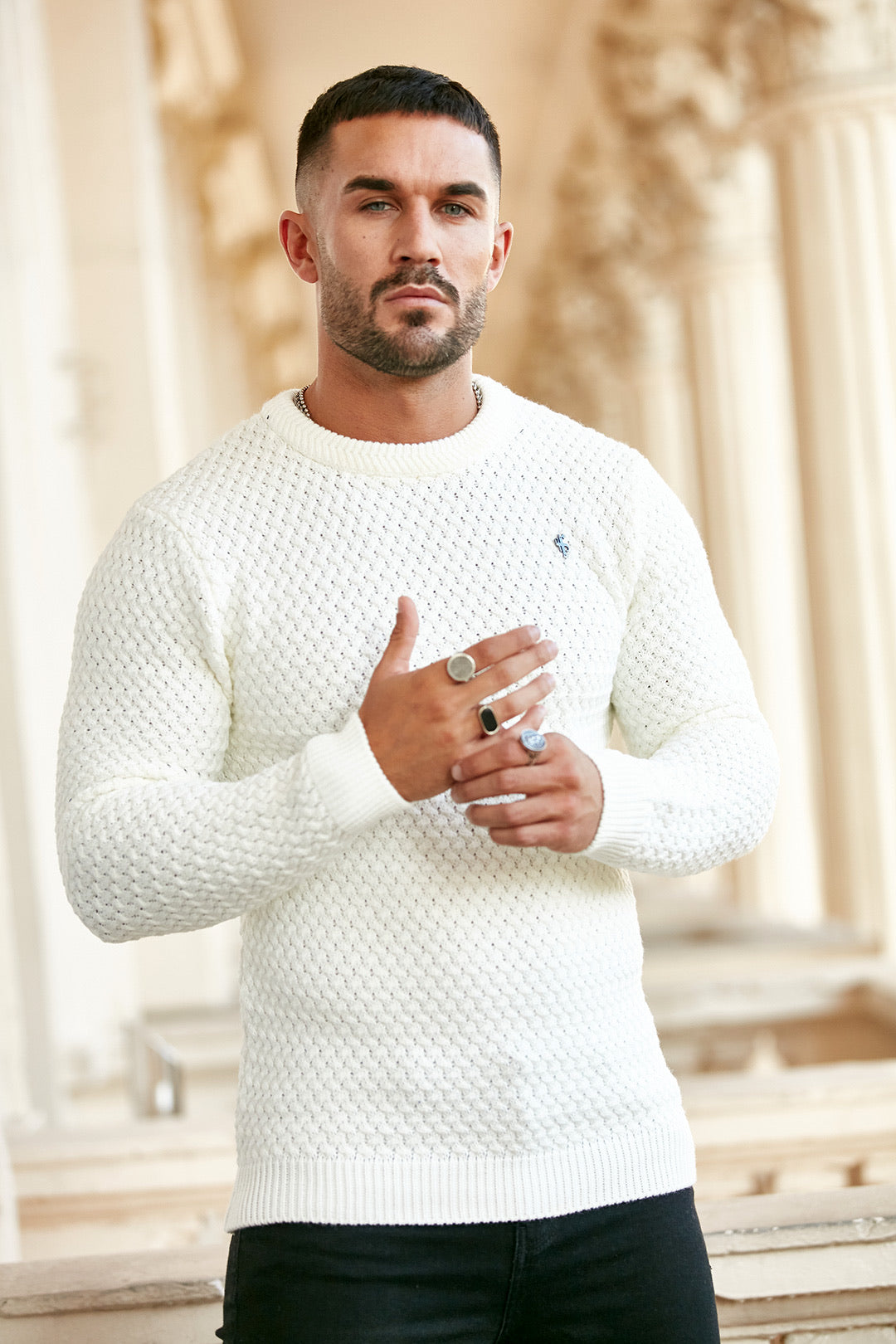 Cream Knitted Weave Super Slim Jumper With Metal Decal - FSJ012