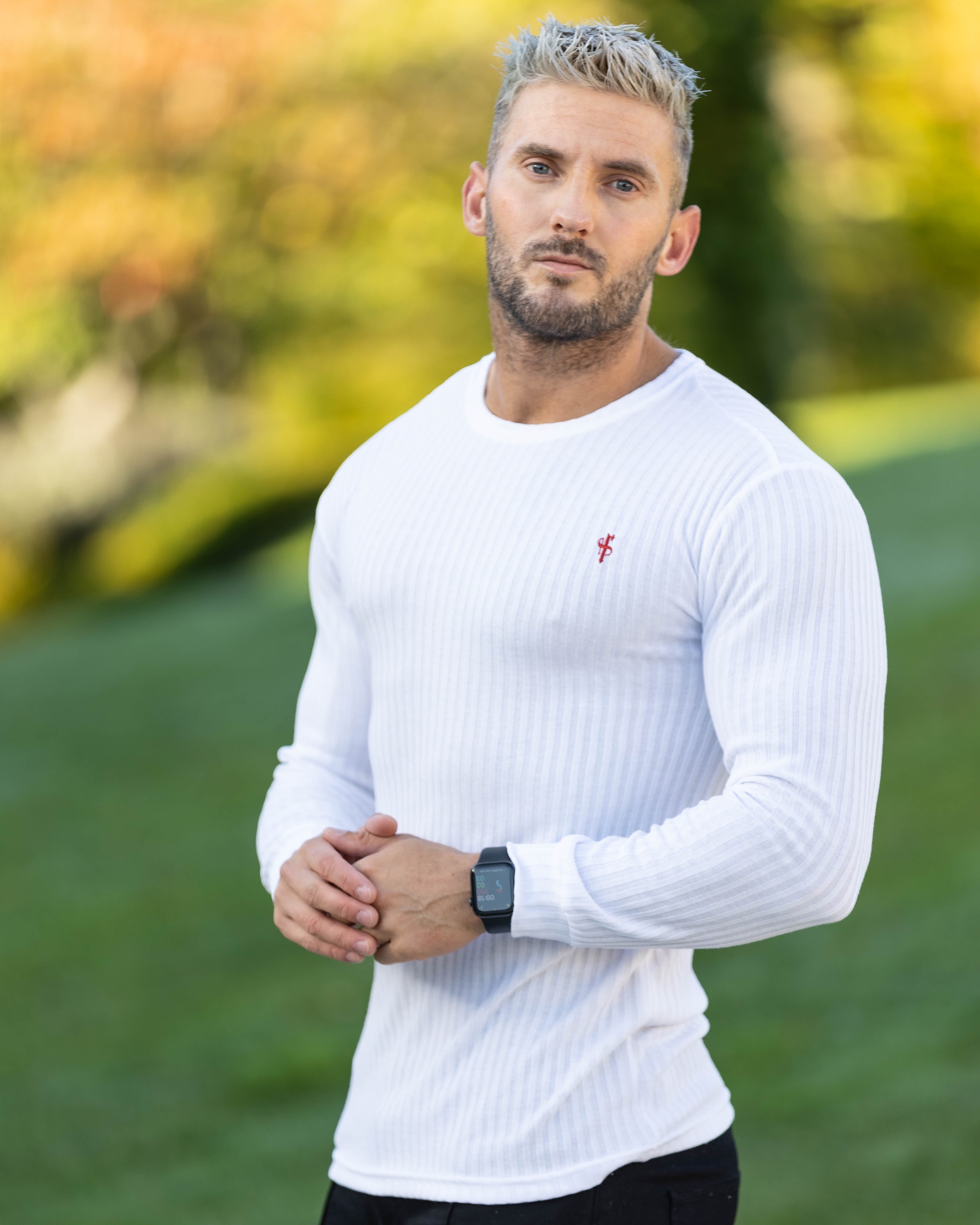 Classic White / Red Ribbed Knit Super Slim Crew - FSH771