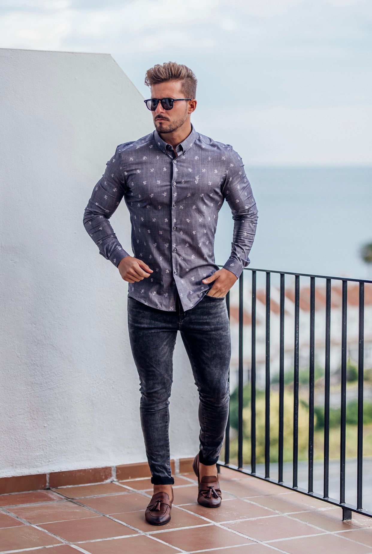 Super Slim Stretch Charcoal Floral Print Long Sleeve - FS669