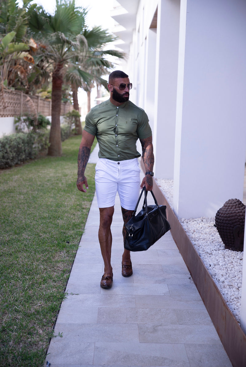 Father Sons Super Slim Luxe Ultra Stretch Khaki Short Sleeve with Grandad Collar -  FS781