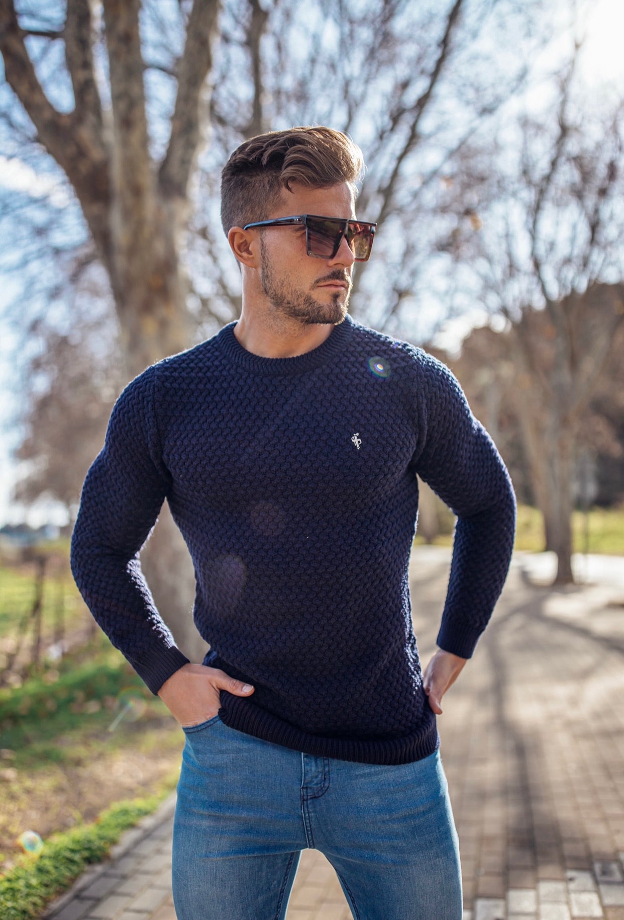 Navy Knitted Weave Super Slim Jumper With Metal Decal - FSJ013