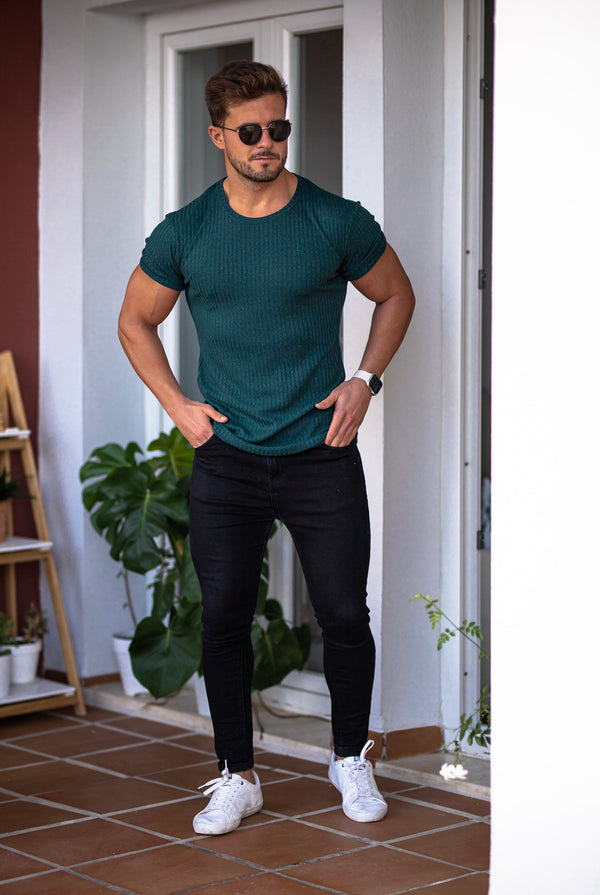 Father Sons Classic Forest Green Ribbed Knit Super Slim Short Sleeve Crew - FSH612
