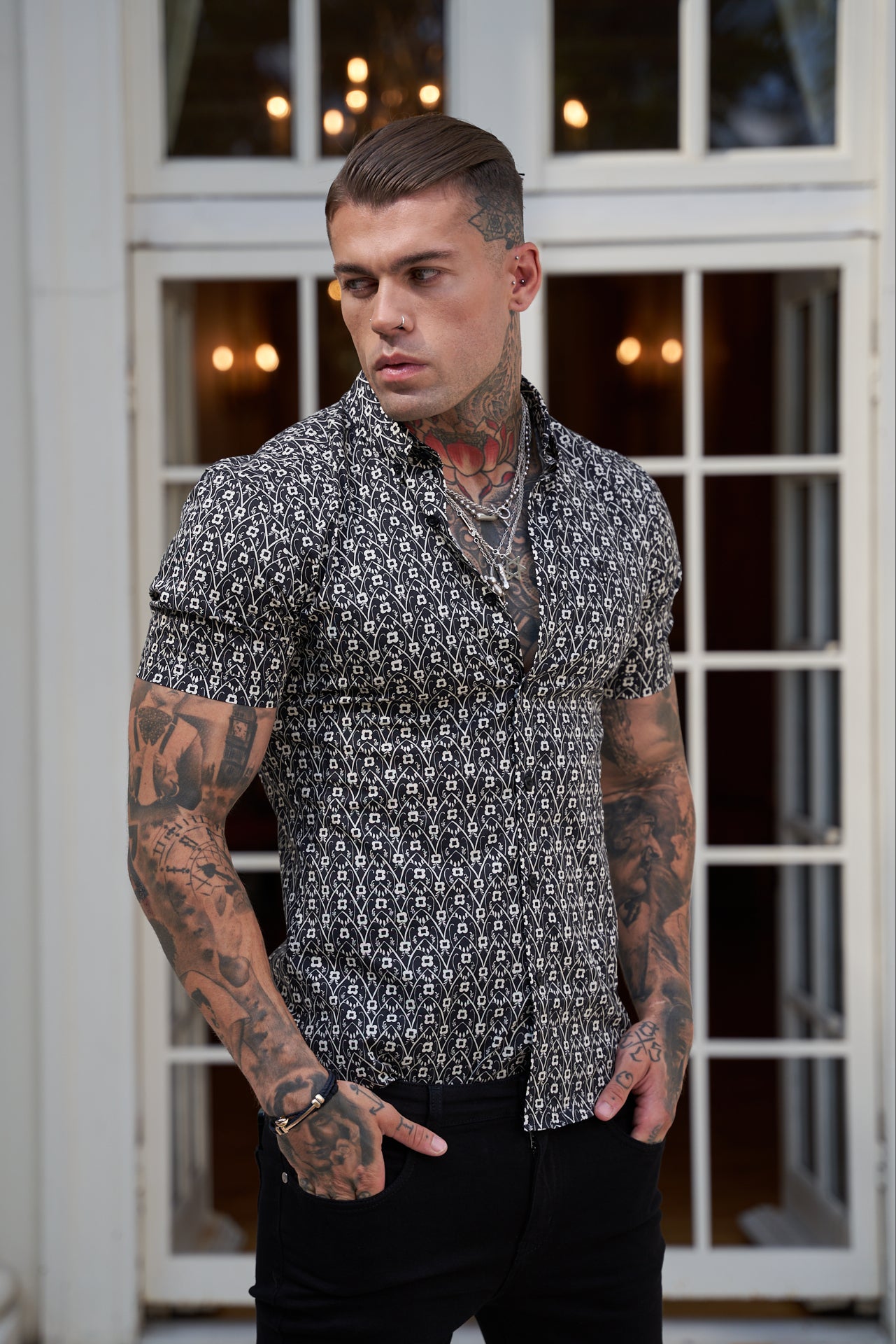Super Slim Stretch Black and Ecru Geo Flower Print Short Sleeve with Button Down Collar - FS787