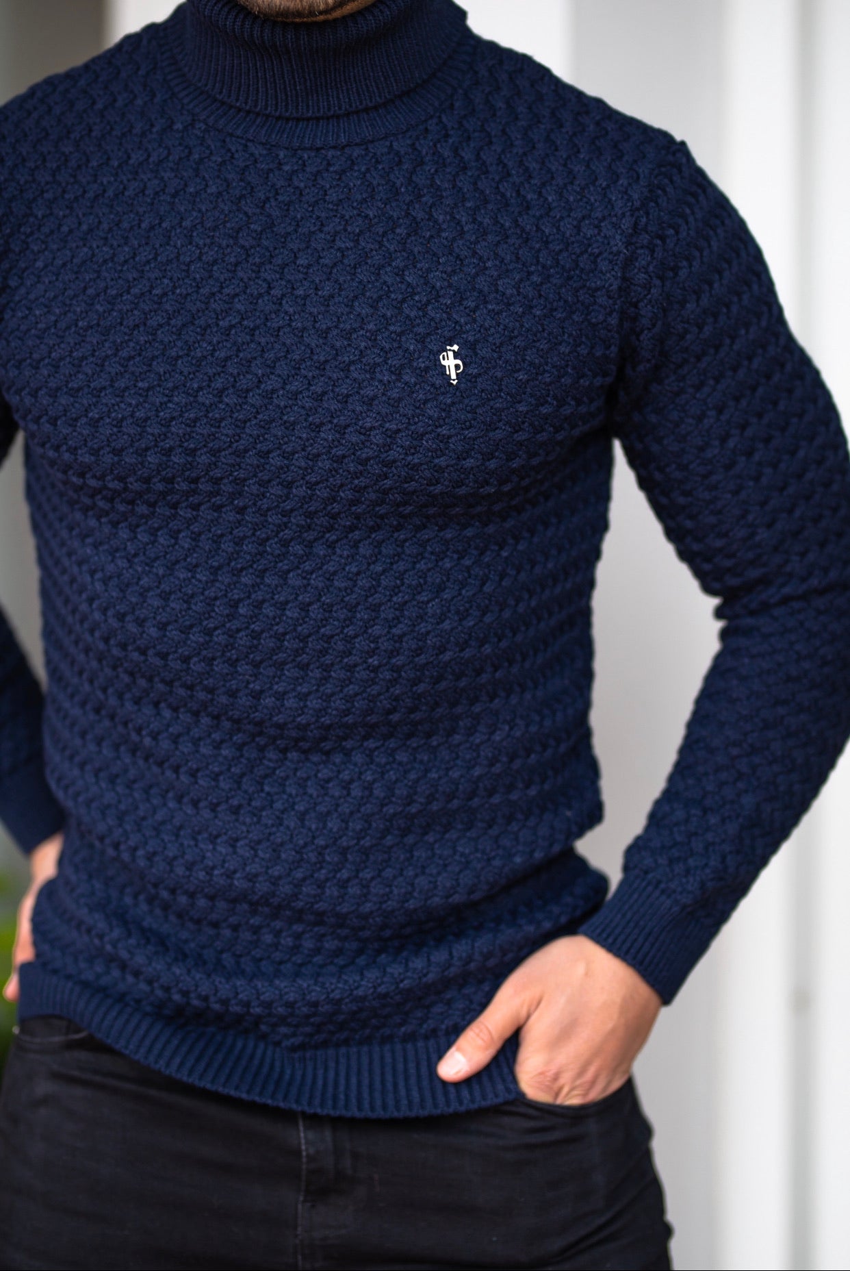 Navy Knitted Roll Neck Weave Super Slim Jumper With Metal Decal - FSJ025