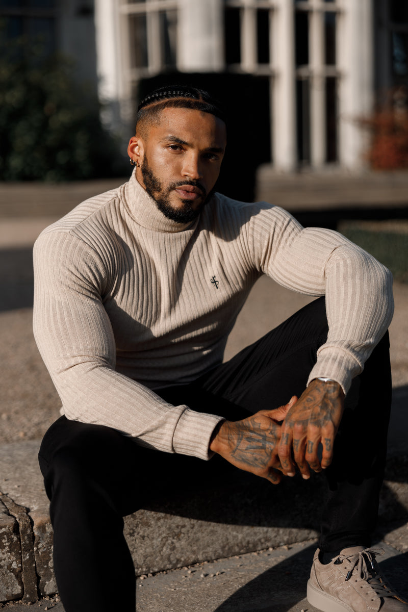 Father Sons Classic Beige / Black Ribbed Knit Roll Neck Jumper - FSH779