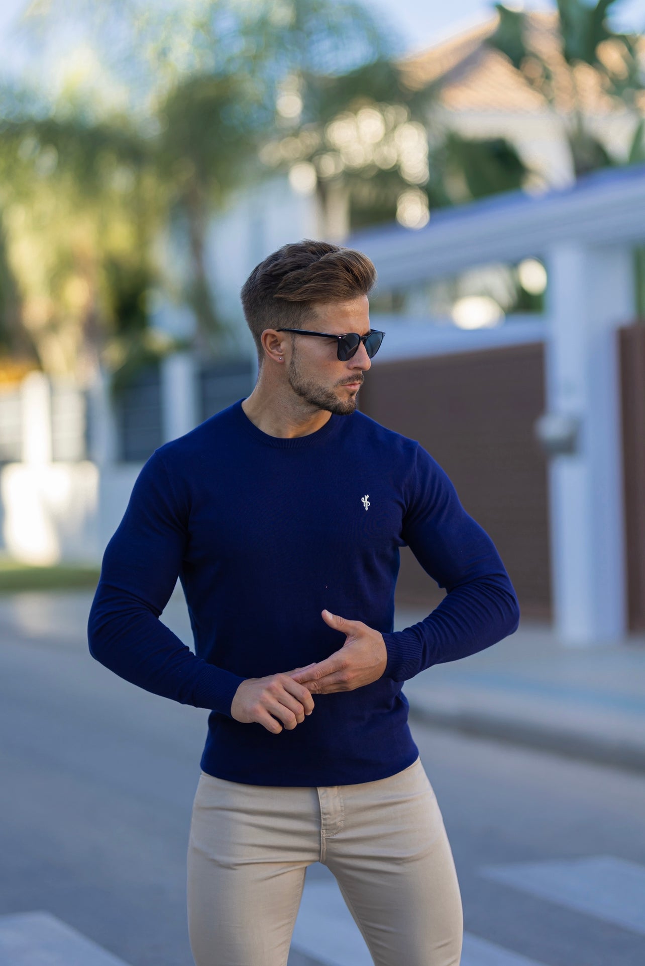 Classic Navy Crew Neck Knitted Jumper with Yellow Embroidery - FSN089