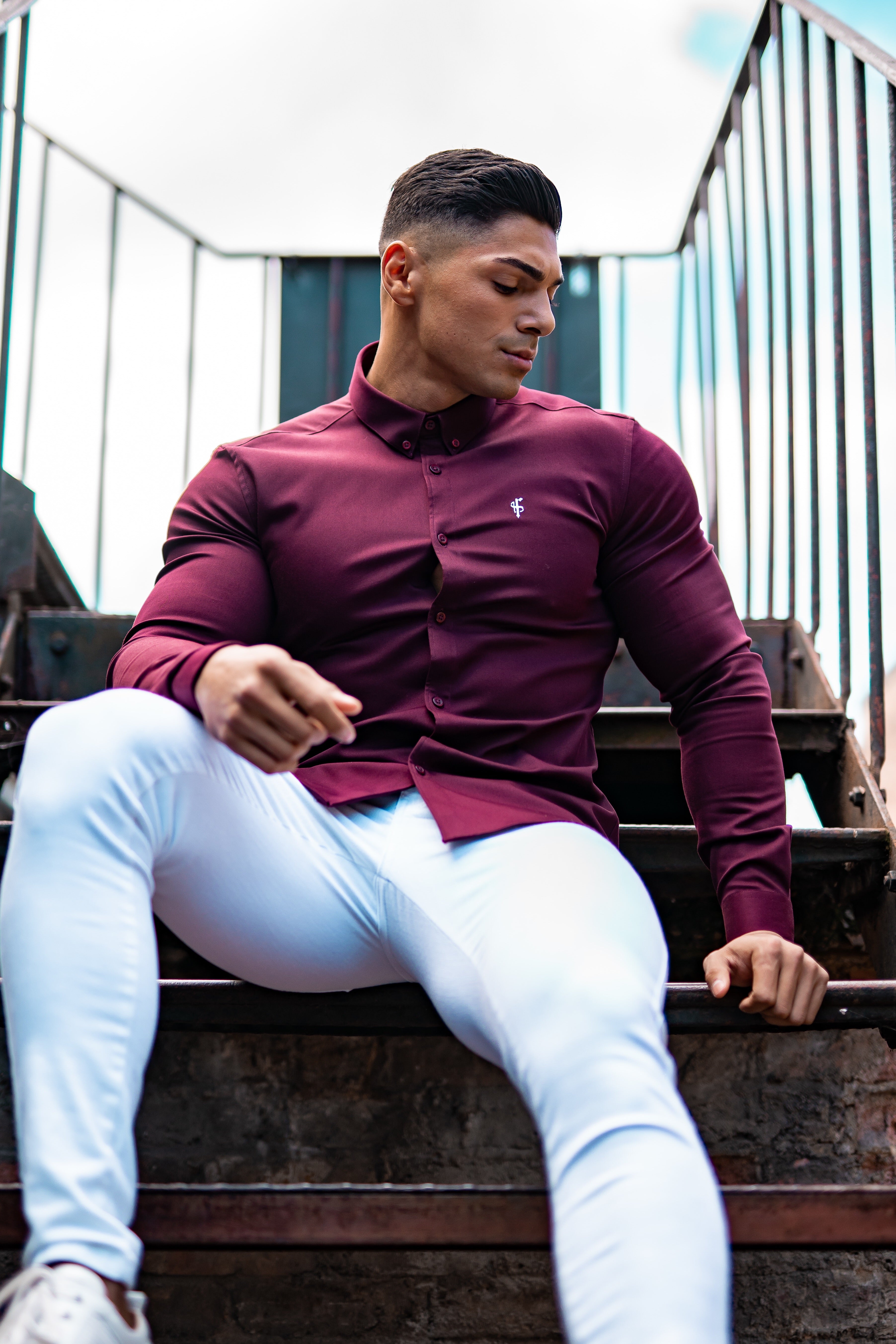 Super Slim Stretch Burgundy Denim Long Sleeve - FS212