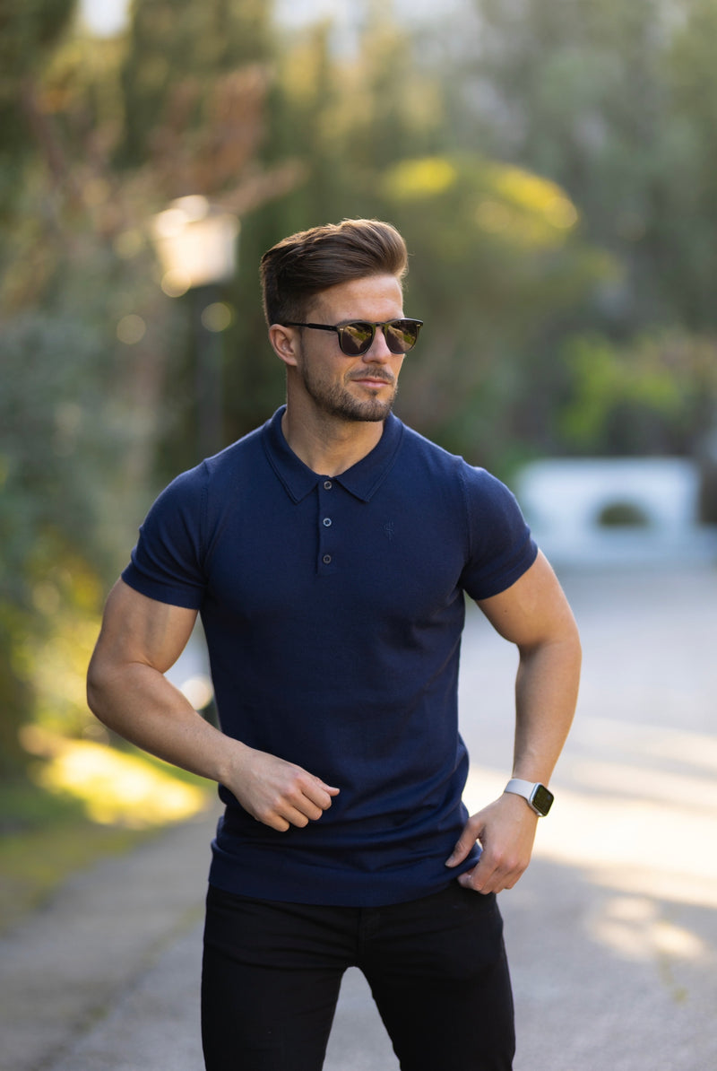 Father Sons Classic Navy Merino Wool Knitted Polo Jumper Short Sleeve With FS Embroidery- FSN026
