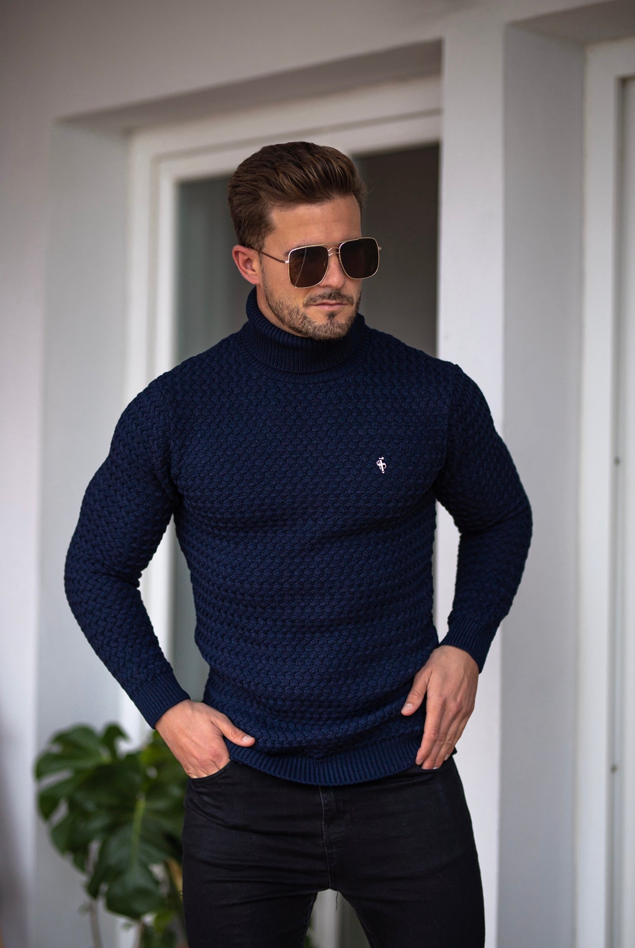 Navy Knitted Roll Neck Weave Super Slim Jumper With Metal Decal - FSJ025