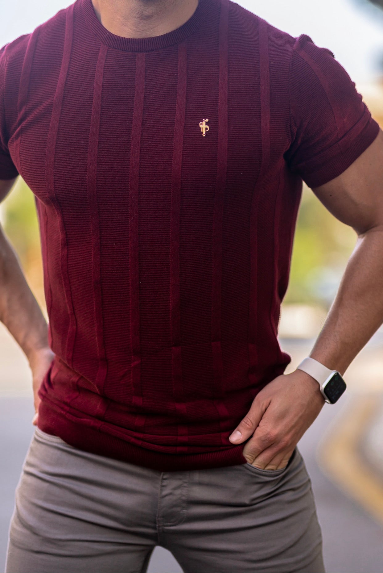 Classic Short Sleeve Burgundy Knitted Wide Rib Crew with Gold Emblem - FSH563