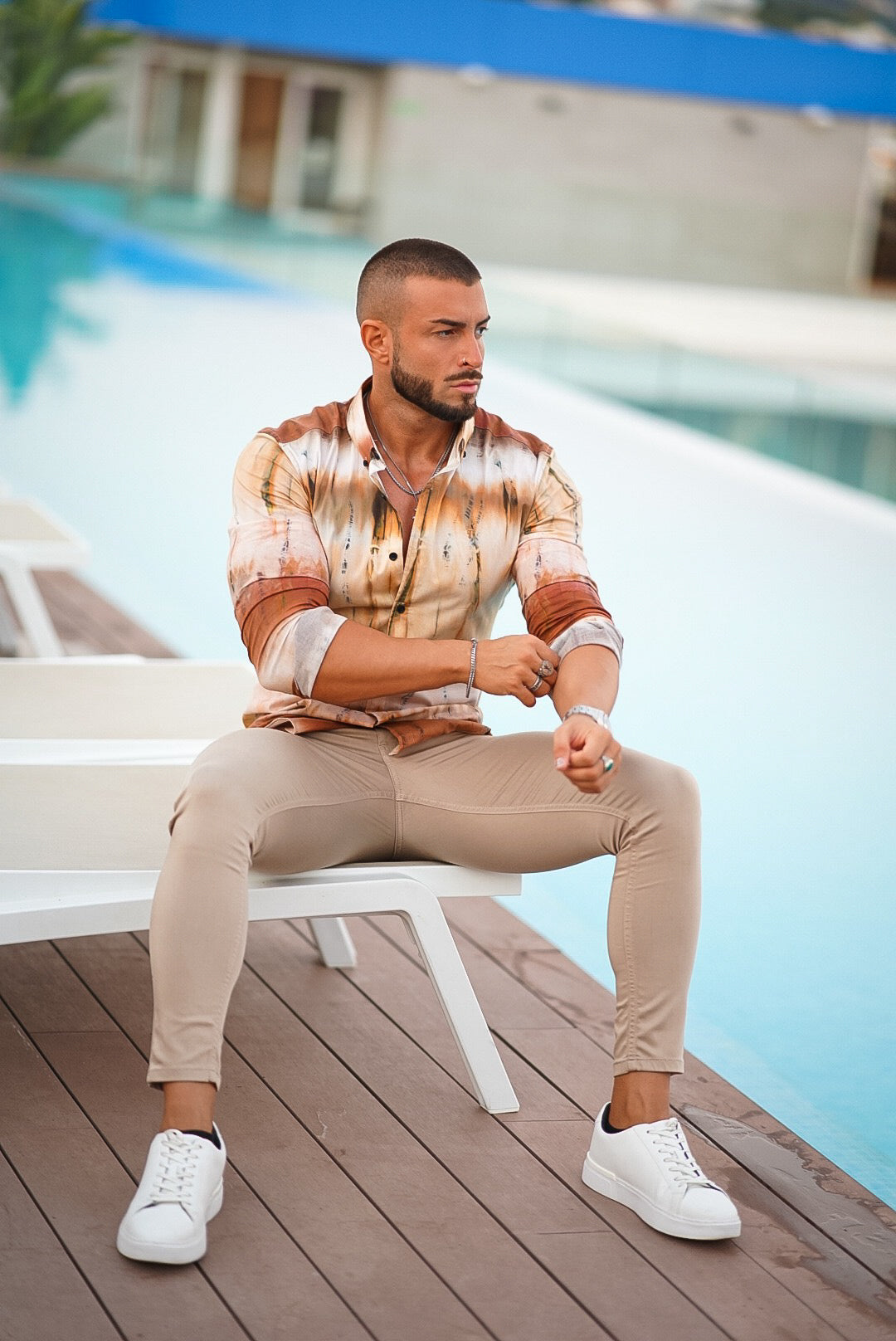 Super Slim Stretch Neutral Tie Dye Print Long Sleeve with Button Down Collar - FS812