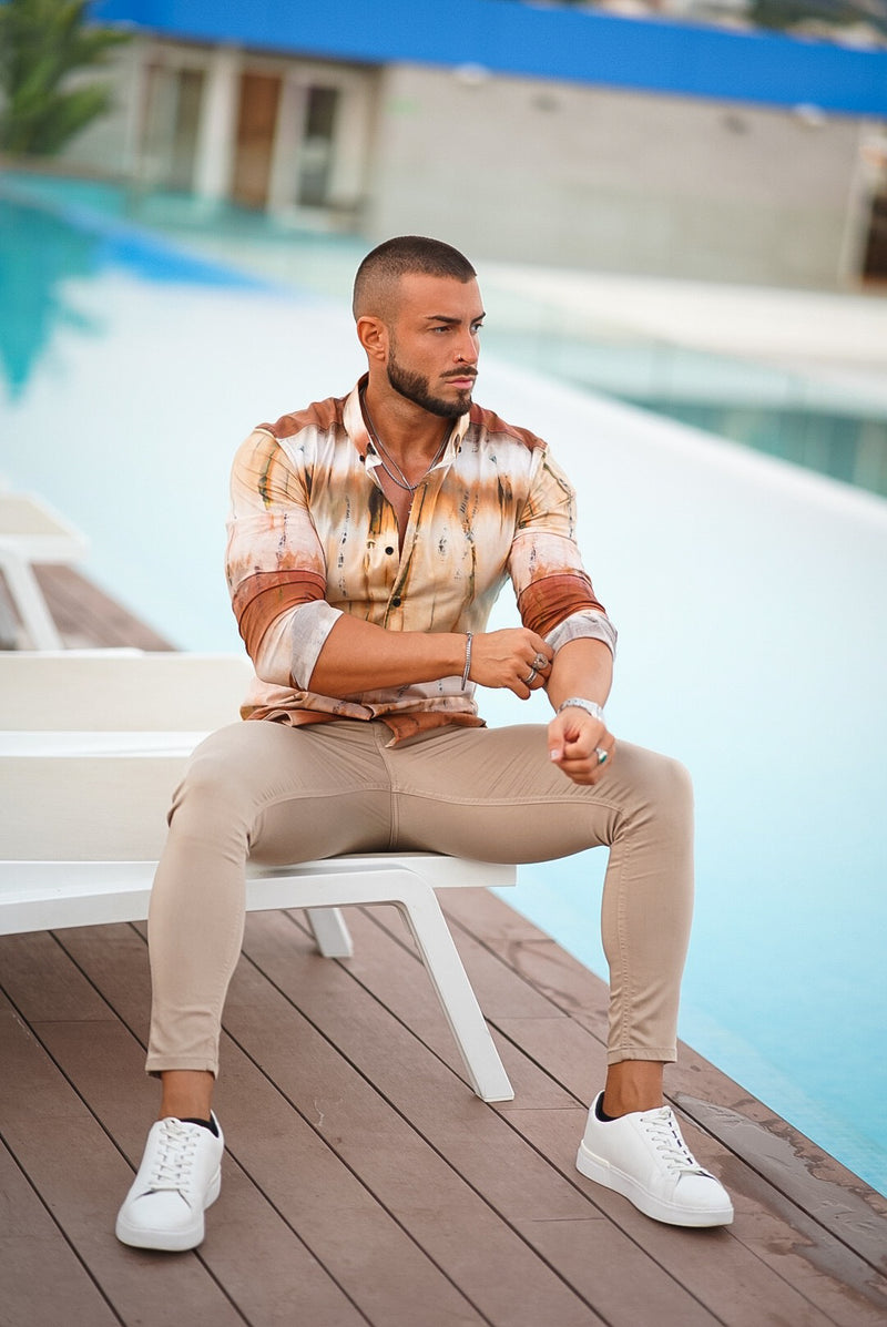 Father Sons Super Slim Stretch Neutral Tie Dye Print Long Sleeve with Button Down Collar - FS812