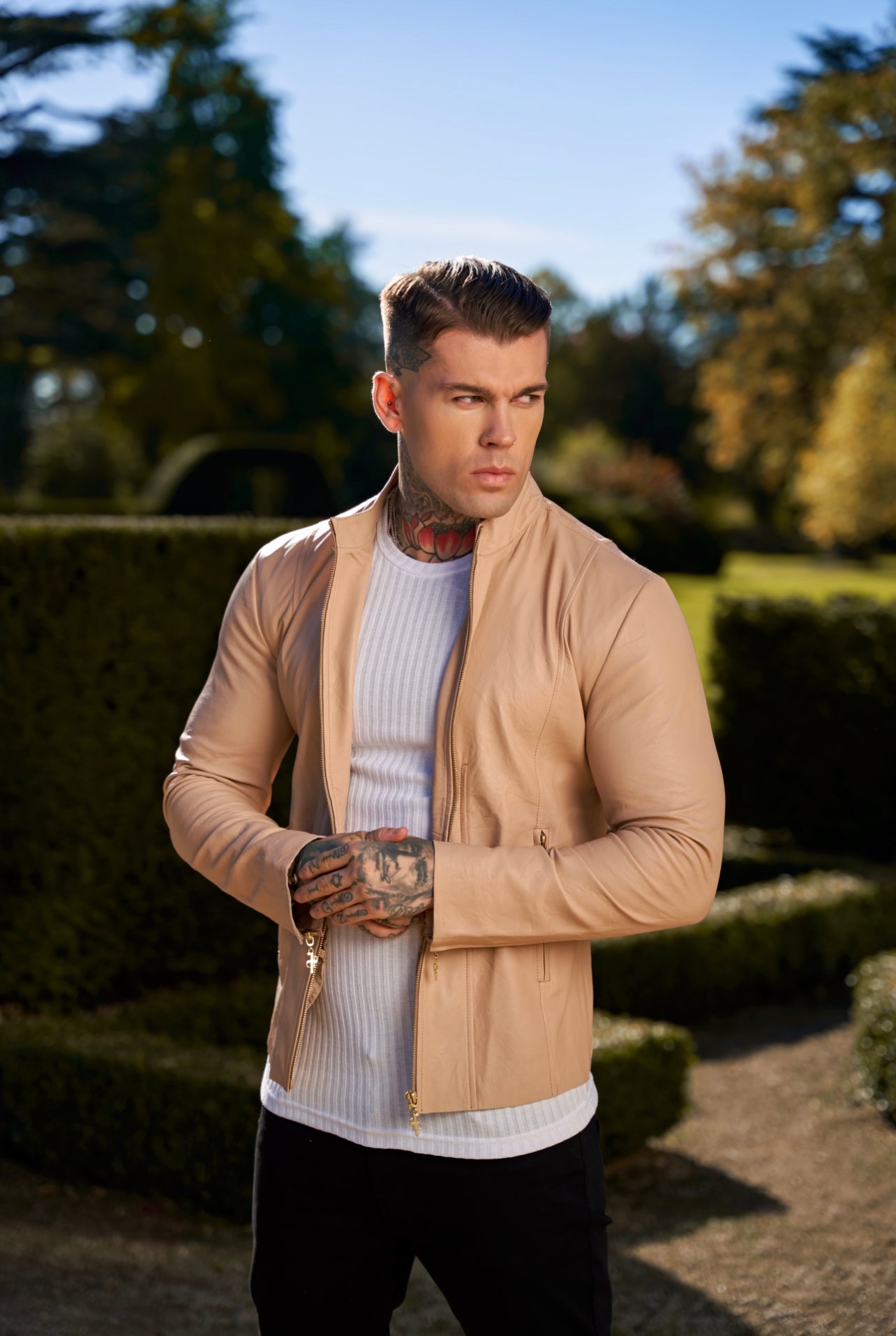 Cream Lambs Leather Jacket with Gold Zips - FSH792