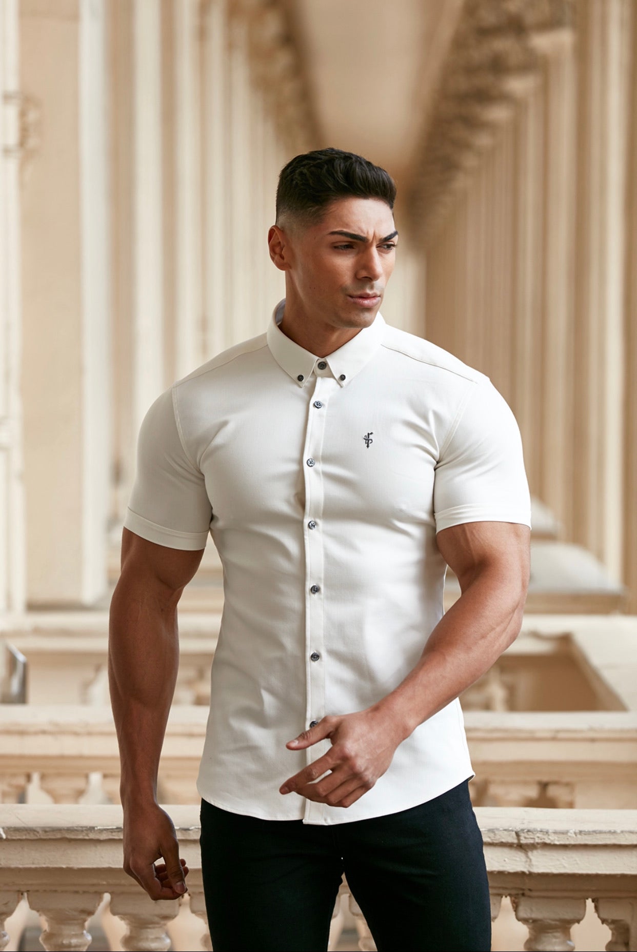 Super Slim Stretch Cream Denim Short Sleeve - FS202