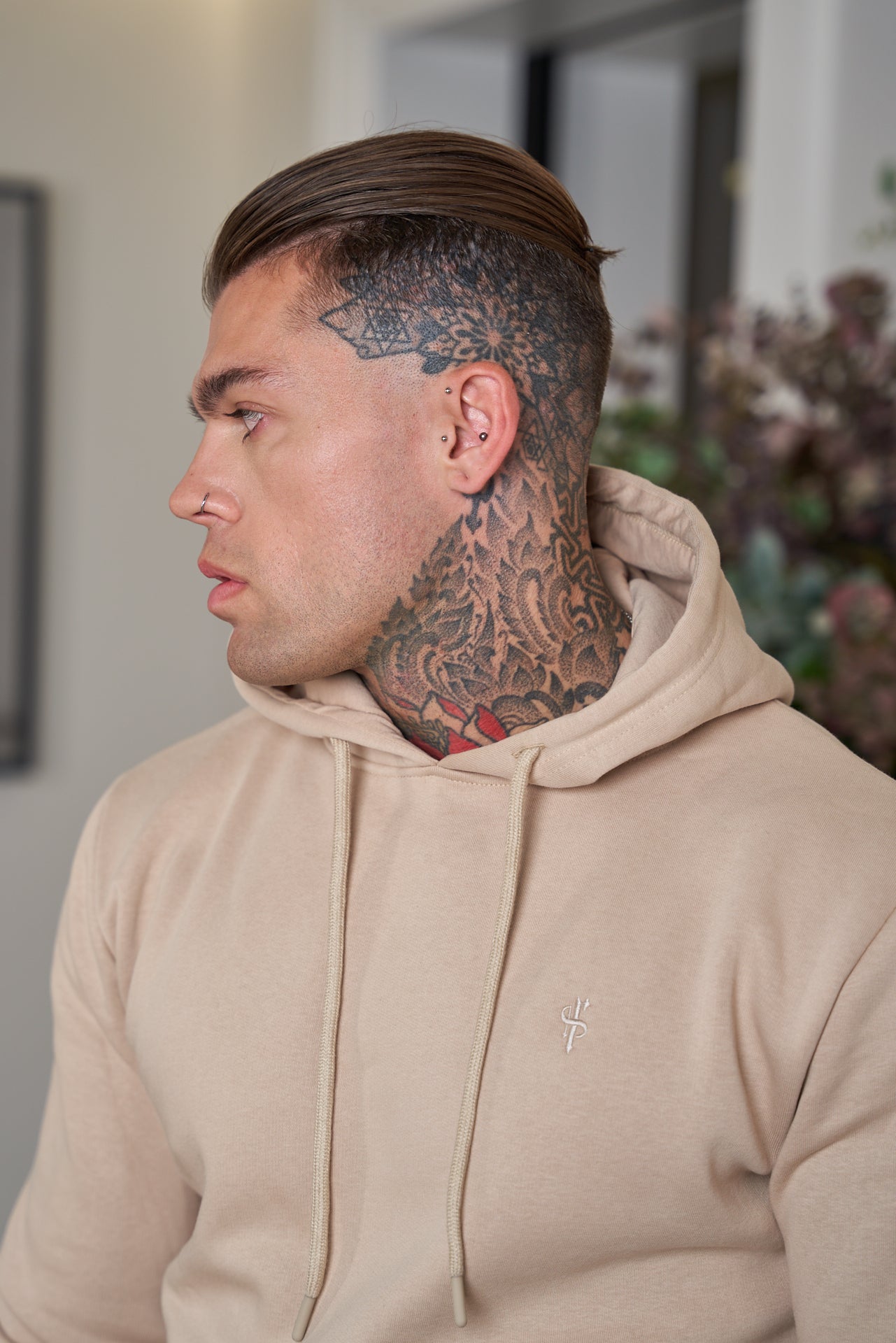 Beige Kangaroo Hoodie Top with FS Embroidery - FSH695