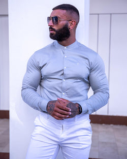 Father Sons Super Slim Luxe Ultra Stretch Light Grey Long Sleeve with Grandad Collar -  FS779