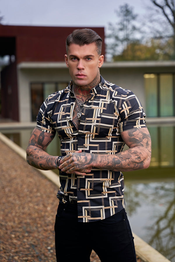 Father Sons Super Slim Stretch Black / Cream Interlinked Square Print Short Sleeve with Button Down Collar - FS851