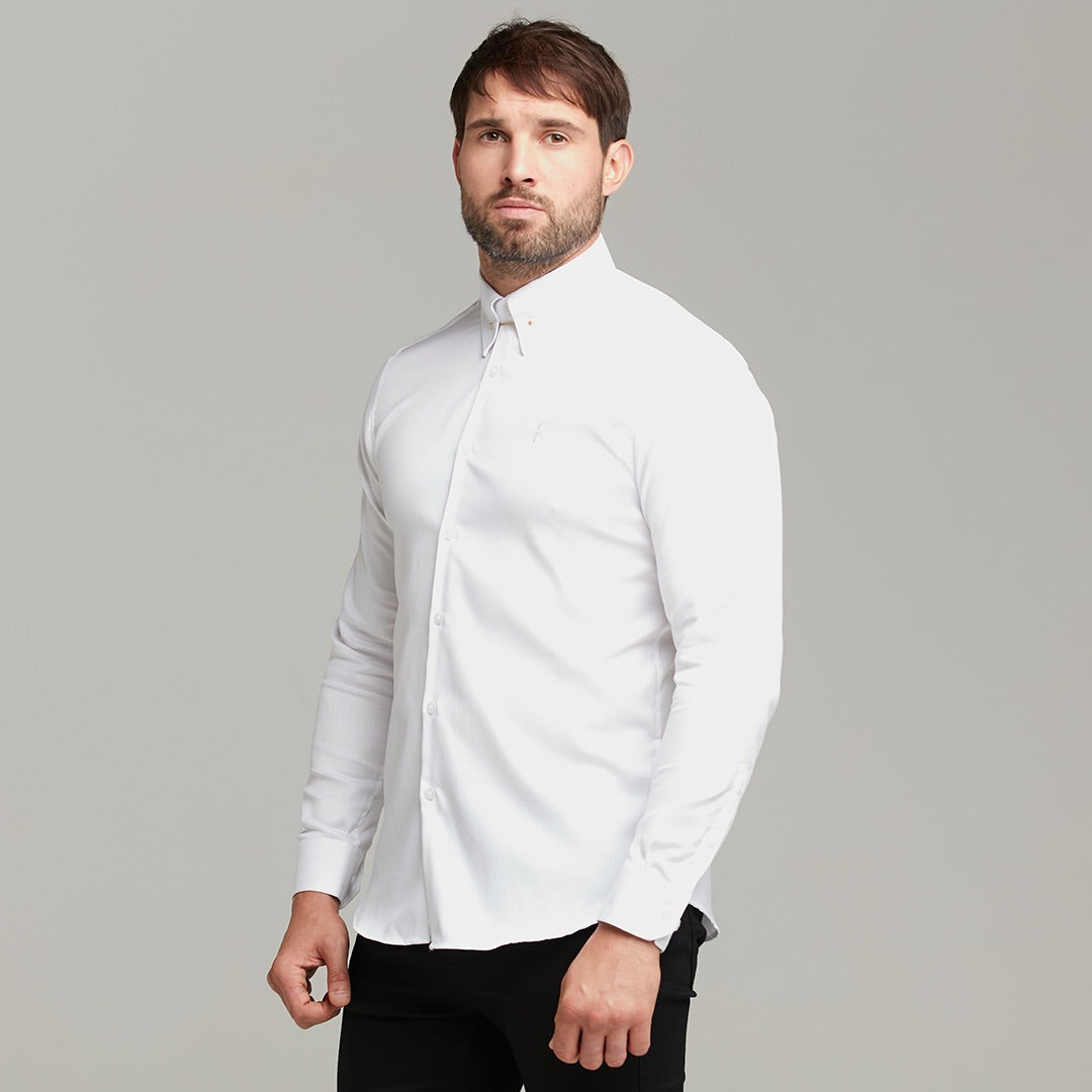 Classic White Regular Stretch Shirt with Gold Pin Collar and White Embroidery - FS593