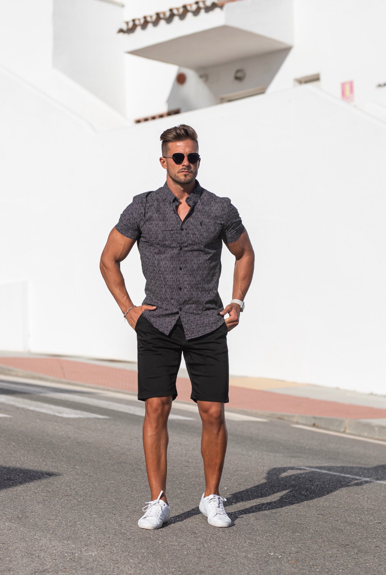 Super Slim Stretch Black & White Multi Dot Print Short Sleeve - FS695