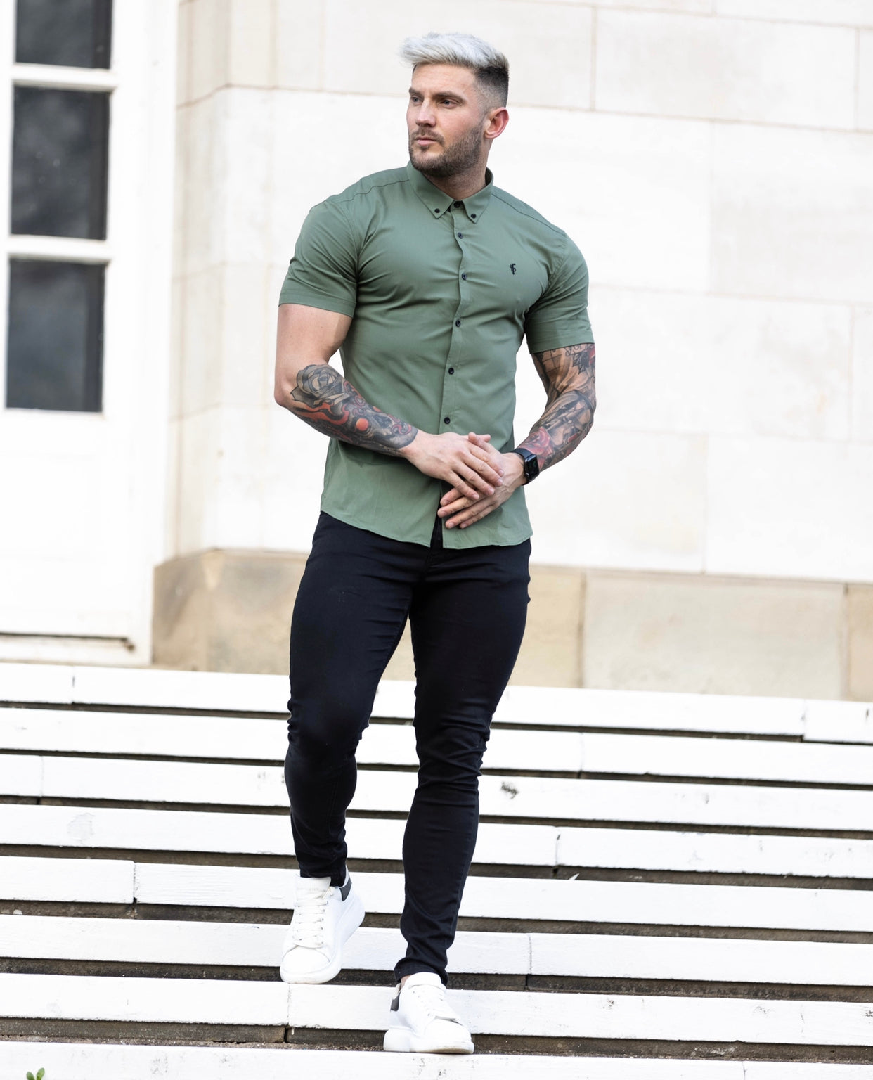 Super Slim Stretch Classic Khaki Short Sleeve With Button Down Collar -  FS818