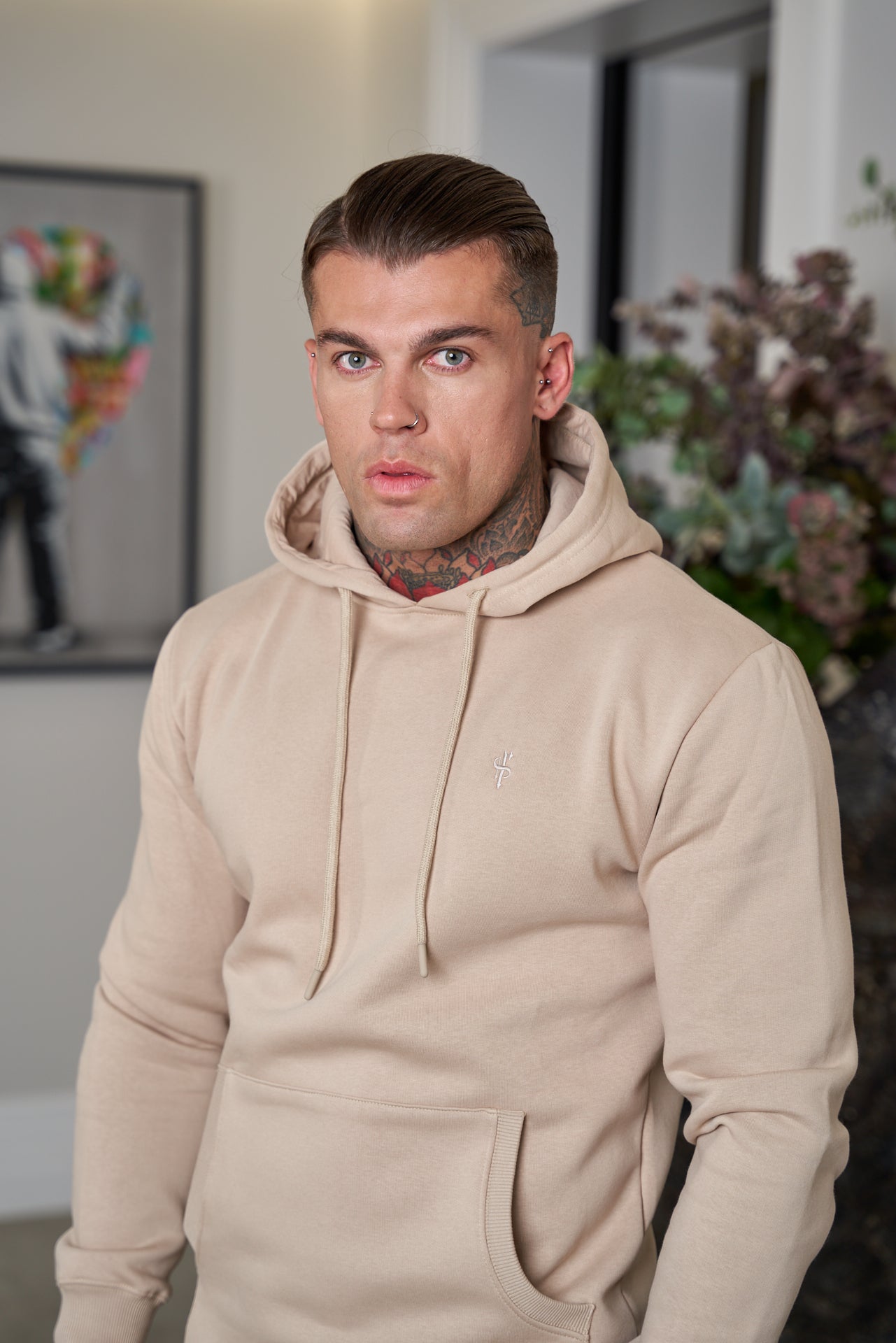 Beige Kangaroo Hoodie Top with FS Embroidery - FSH695