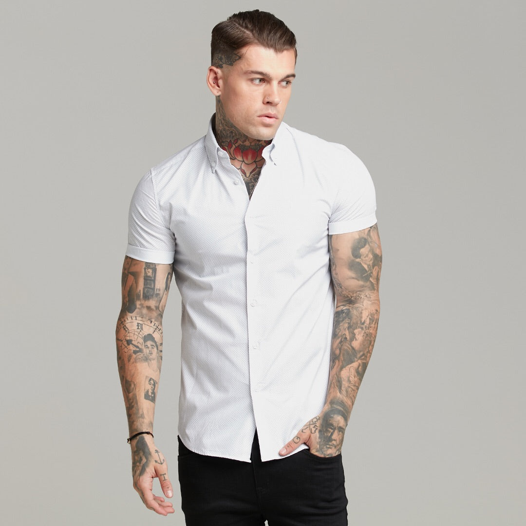 Classic White and Navy Print Short Sleeve Button Down - FS605 (LAST CHANCE)