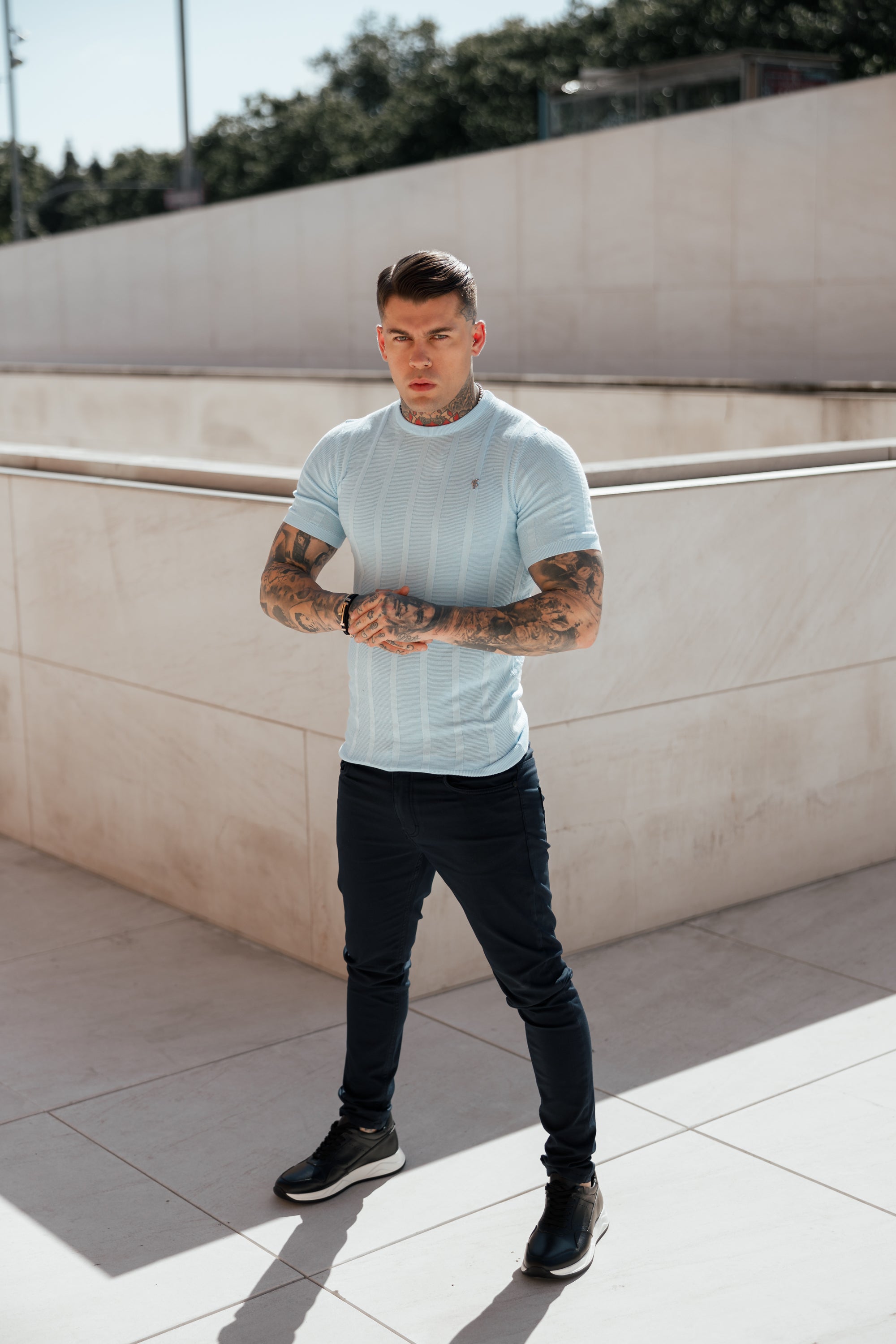 Classic Short Sleeve Baby Blue Knitted Wide Rib Crew with Silver Emblem - FSH739